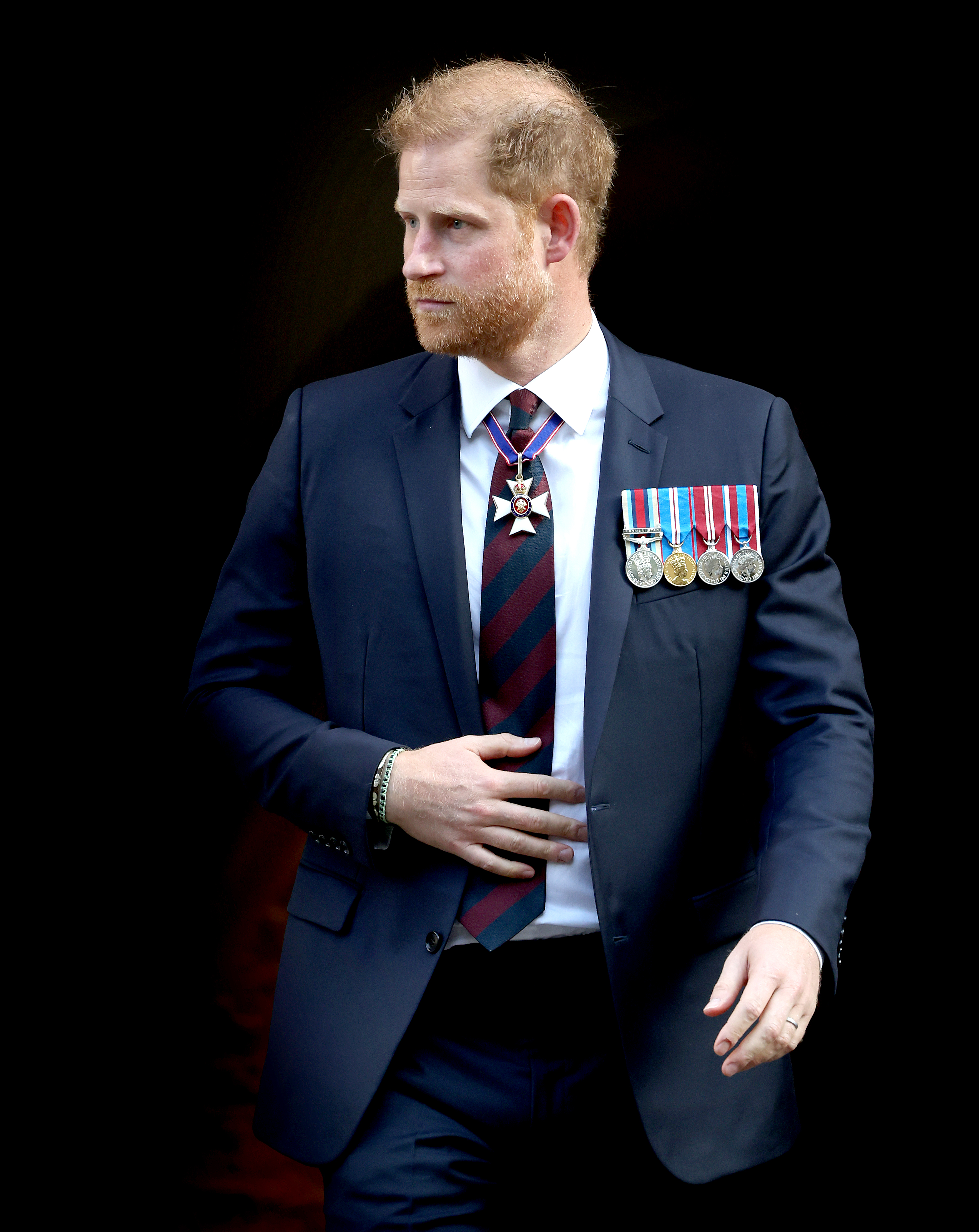 Prince Harry was seen wearing his KCVO Neck Order and Star at the Invictus Games Foundation 10th Anniversary Service on May 8, 2024, in London, England | Source: Getty Images