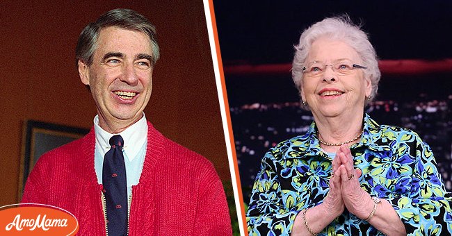 [Left] Fred Rogers donating his famous red cardigan sweater to the National Museum of American History, Smithsonian Institution on November 20, 1984, [Right] Joanne Rogers on season 5 of "The Tonight Show Starring Jimmy Fallon" on June 12, 2018. | Source: Bettman & Andrew Lipovsky/NBCU Photo Bank/NBCUniversal/Getty Images