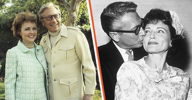 A picture of Betty White with her husband, Allen Ludden on February 14, 1972 [left ] Allen Ludden, 45, of TV "Password" and "College Bowl" fame embraces his bride, actress Betty White, 41, following their wedding at the Sands Hotel [right] | Photo: Getty Images
