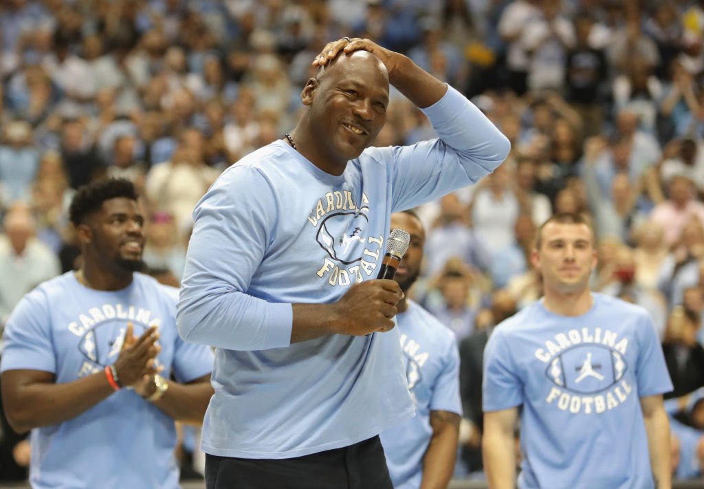 Michael Jordan speaks to the crowd at halftime during their game against the Duke Blue Devils at the Dean Smith Center on March 4, 2017 in Chapel Hill, North Carolina. | Source: Getty Images