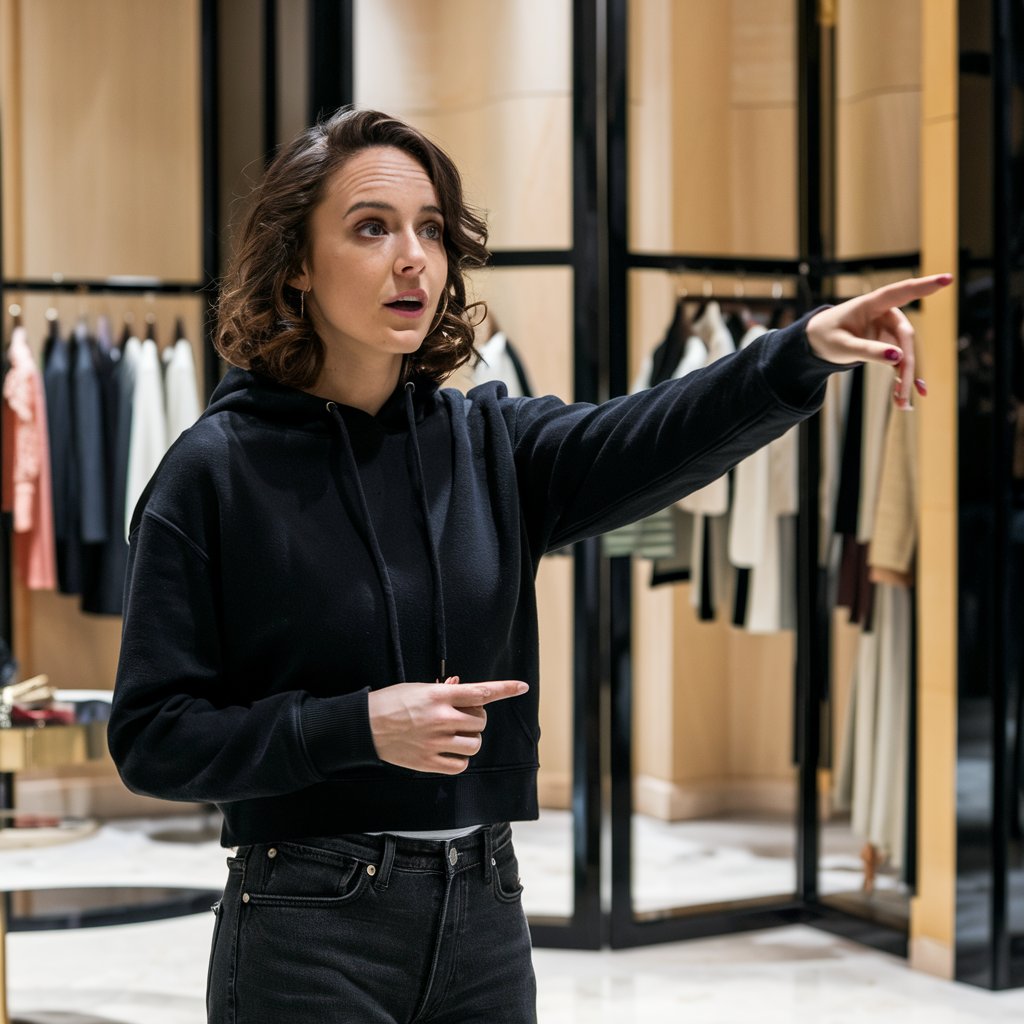 A woman pointing towards an item in a store | Source: Midjourney