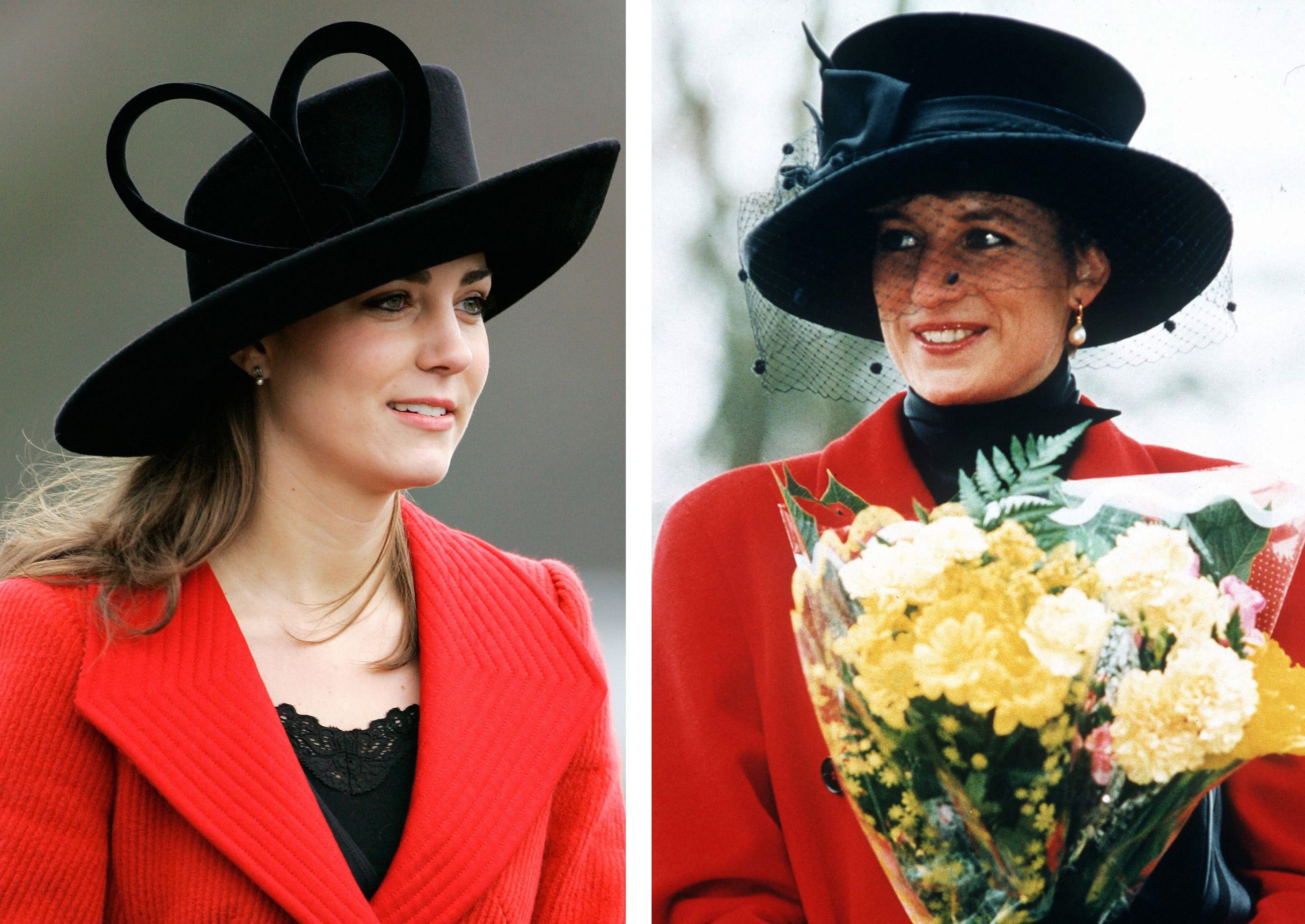 Left: Kate Middleton, Prince William's girlfriend, attends the Sovereign's Parade at Sandhurst Military Academy to watch the passing-out parade on December 15, 2006 in Surrey, England. Right: Princess Diana At Sandringham On Christmas Day | Source: Getty Images