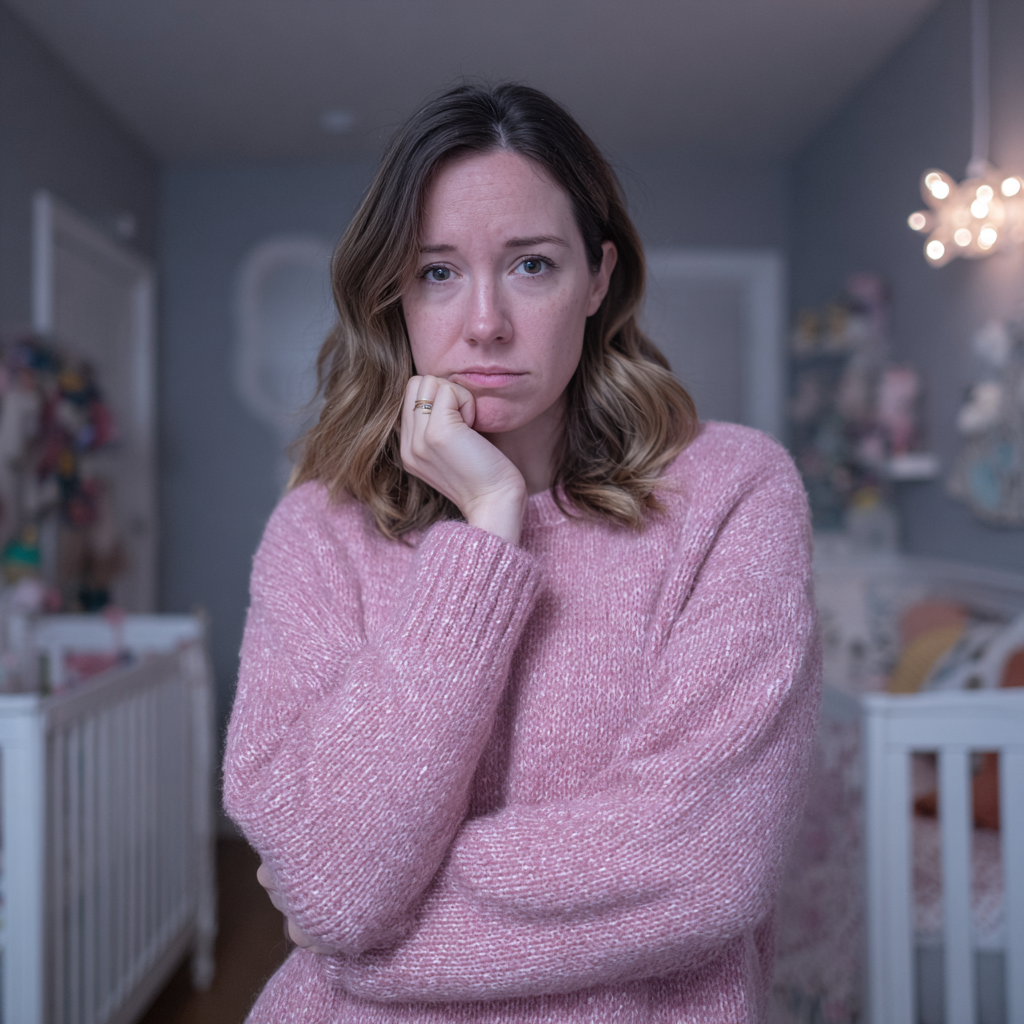 An upset woman standing in a nursery | Source: Midjourney