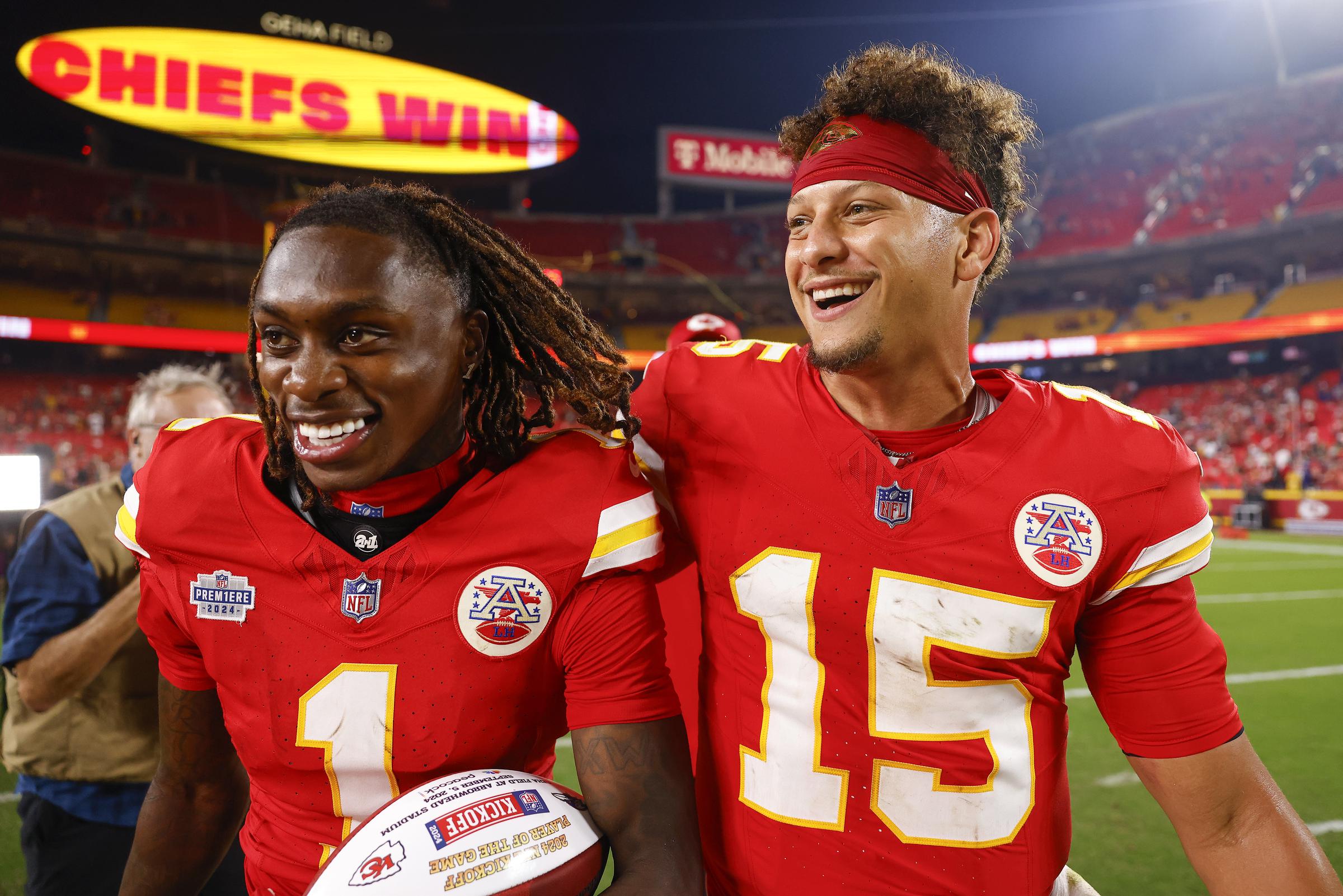 Xavier Worthy and Quarterback Patrick Mahomes of the Kansas City Chiefs celebrate their 27-20 win over the Baltimore Ravens at Arrowhead Stadium in Kansas City, Missouri, on September 5, 2024 | Source: Getty Images