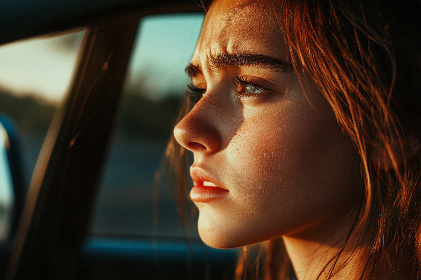 A concerned young woman in a car | Source: Midjourney