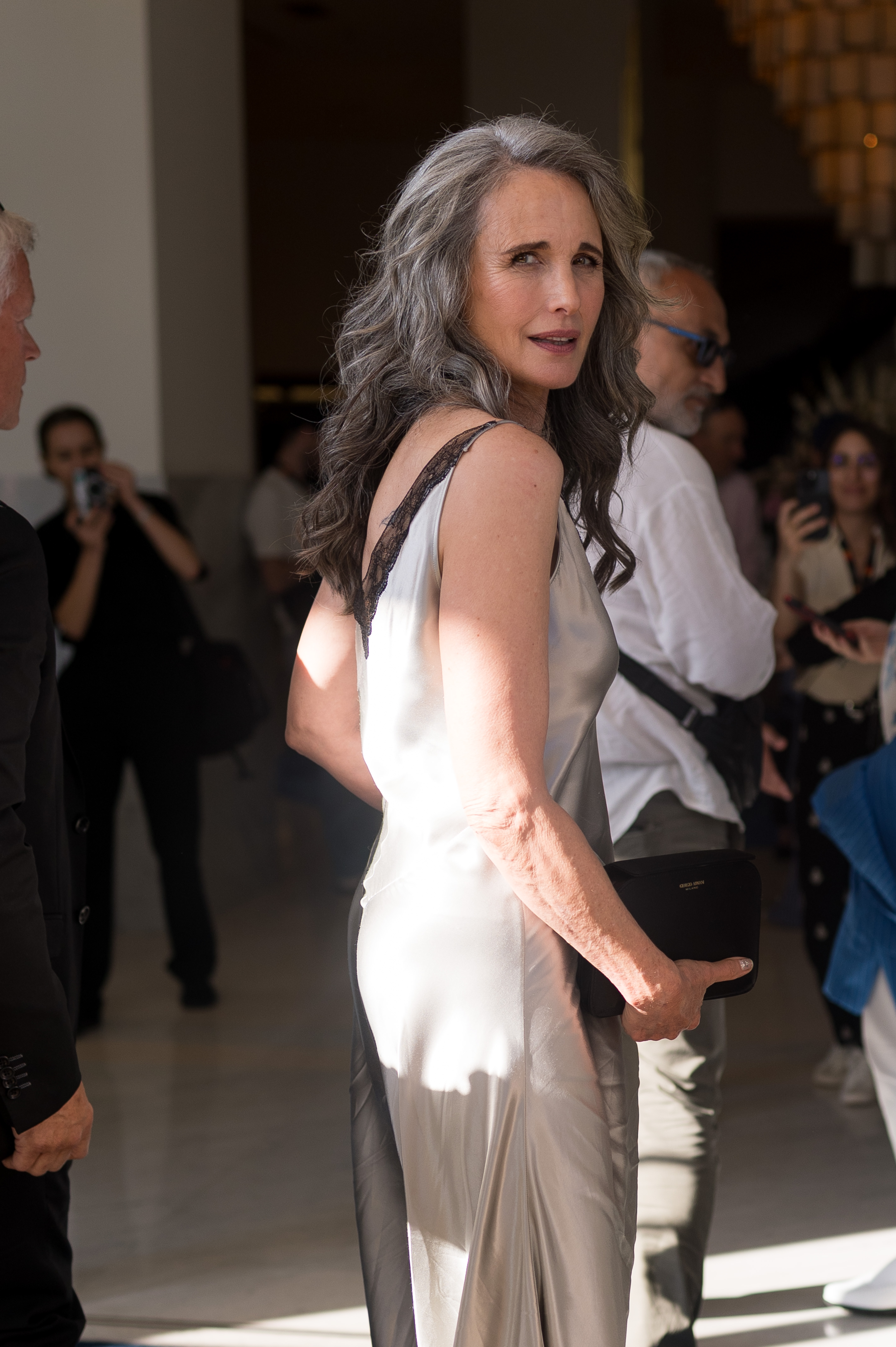 Seen at Hotel Martinez during day three of the Cannes Film Festival, Andie MacDowell glances back toward the camera, sunlight casting soft shadows on her silver gown and cascading gray hair.