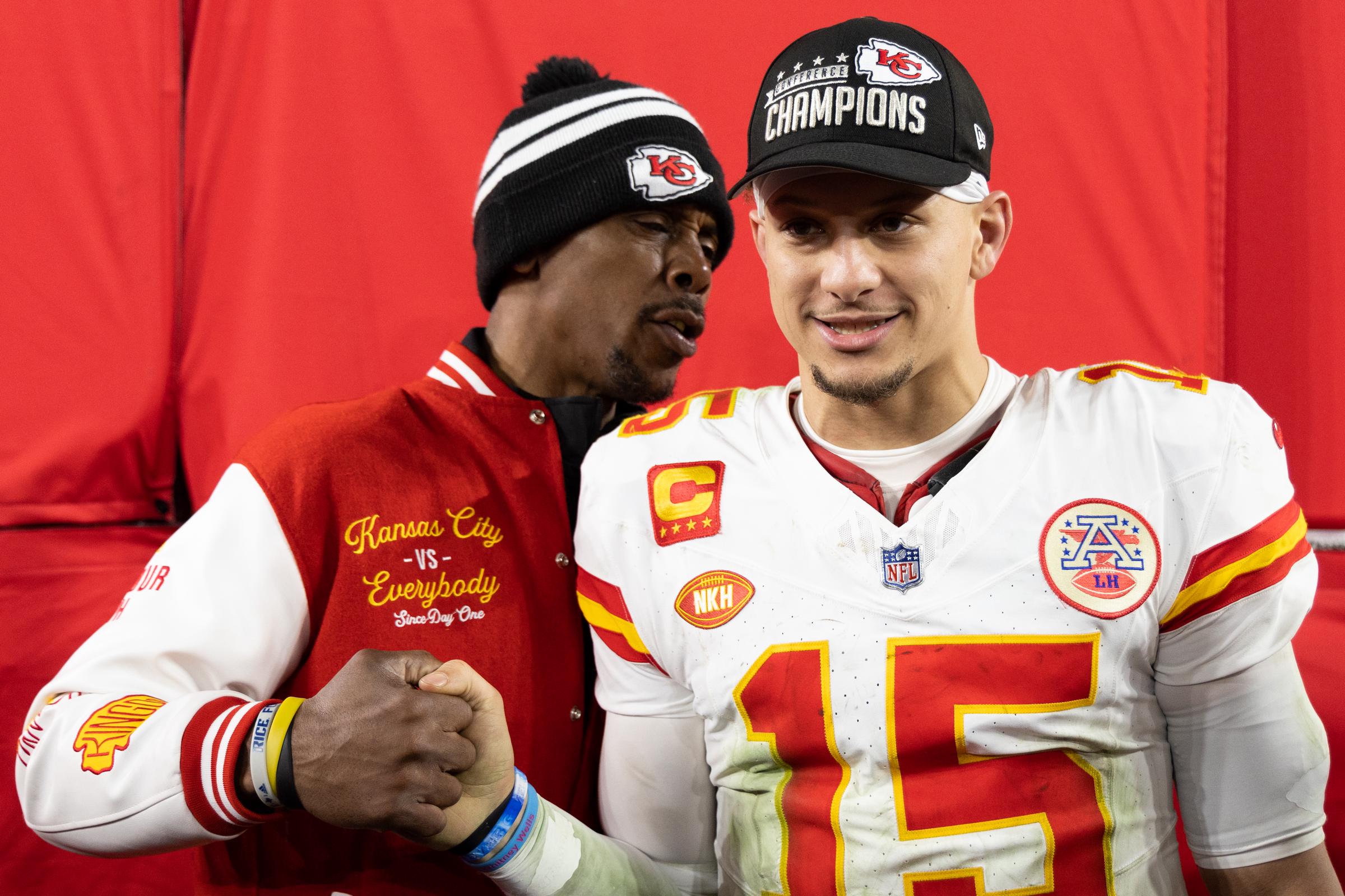 Patrick Mahomes and Patrick Mahomes Sr. celebrate after the AFC Championship game at M&T Bank Stadium on January 28, 2024, in Baltimore, Maryland | Source: Getty Images