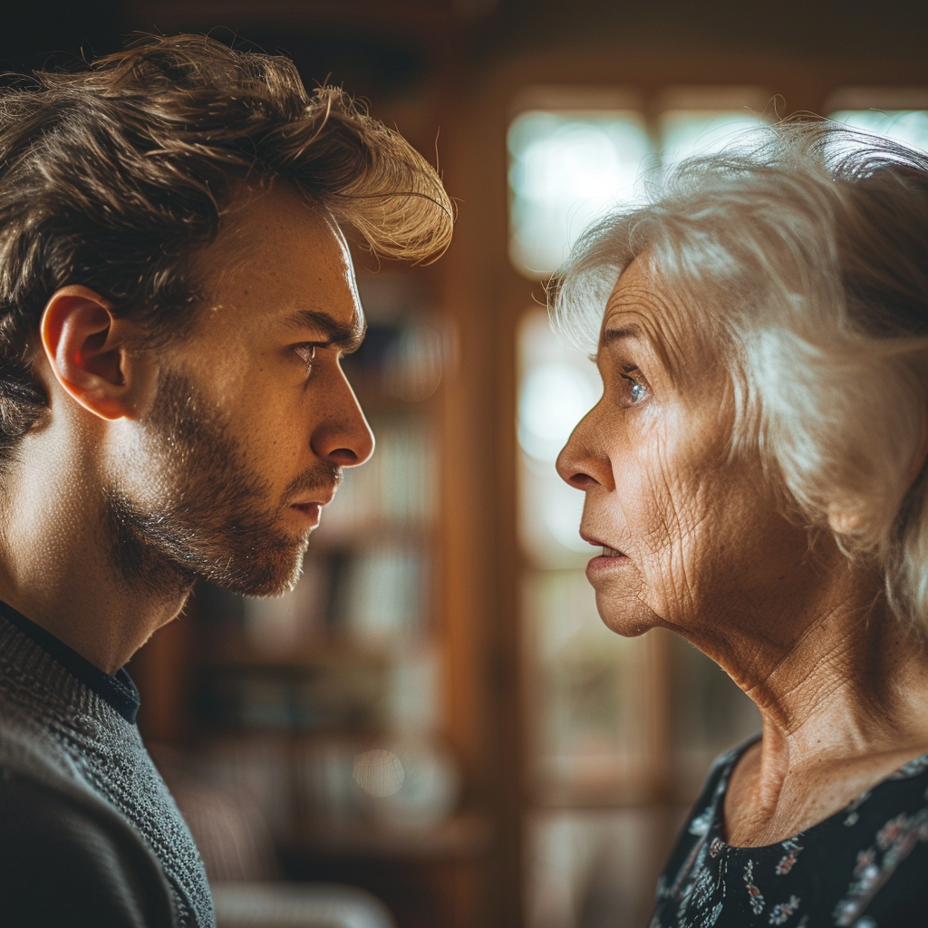 A man gets angry at his mother who appears shocked by his reaction | Source: Midjourney