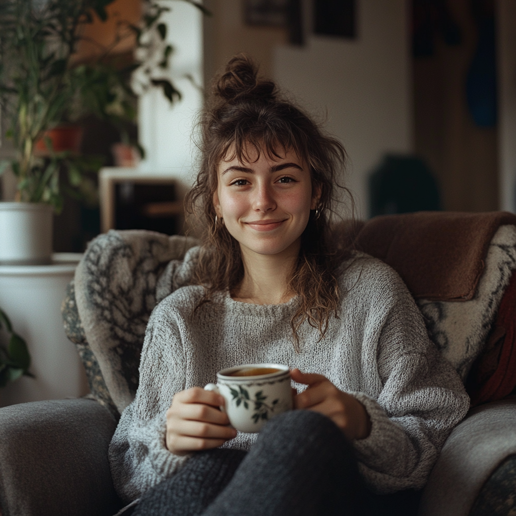 A smiling woman holding a cup of tea | Source: Midjourney