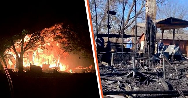 The Dahl family home engulfed in flames [left] All that remains of the Dahls' house [right] | Photo: facebook.com/decaturtxfd  youtube.com/Good Morning America