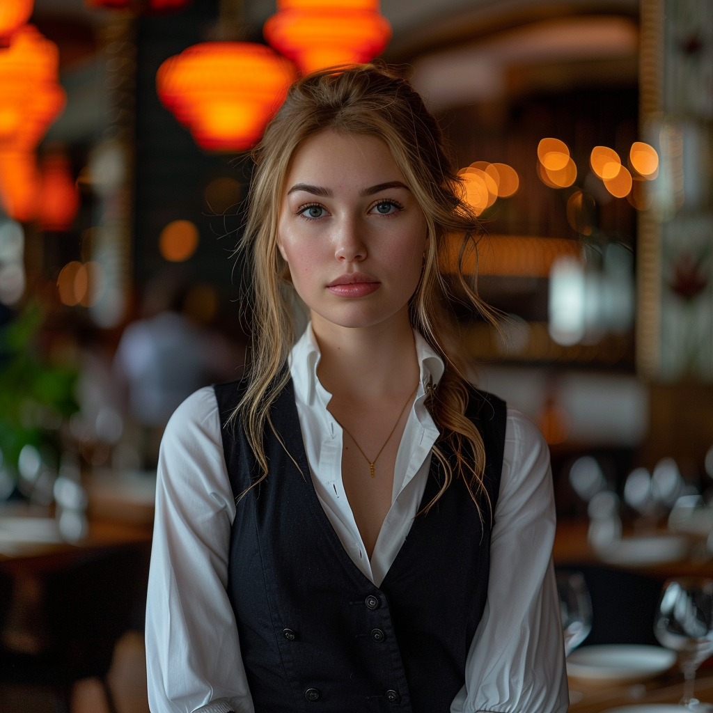 A restaurant hostess looks ashamed and angry | Source: Midjourney