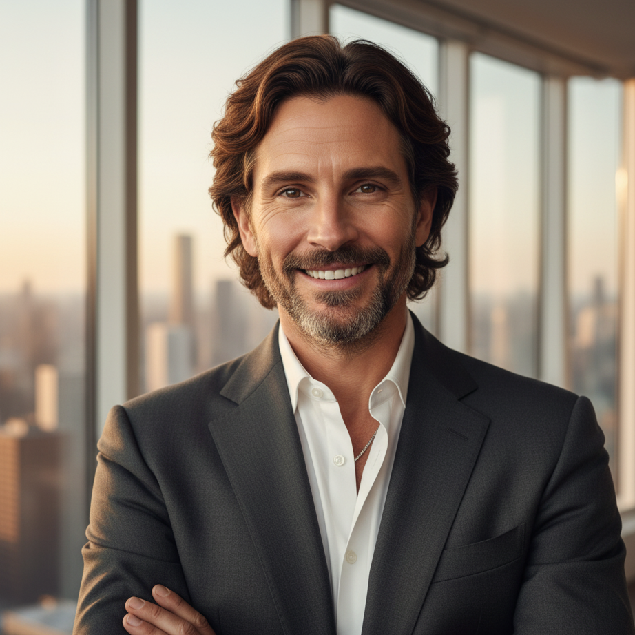 The male version of Roberts channels that same charisma with a soft, salt-and-pepper beard, tousled hair, and deep-set eyes that crinkle with an inviting smile. Dressed in a suit and standing against a panoramic city backdrop, he carries a calm, unshakable confidence — the kind that draws people in without trying. | Source: Gemini