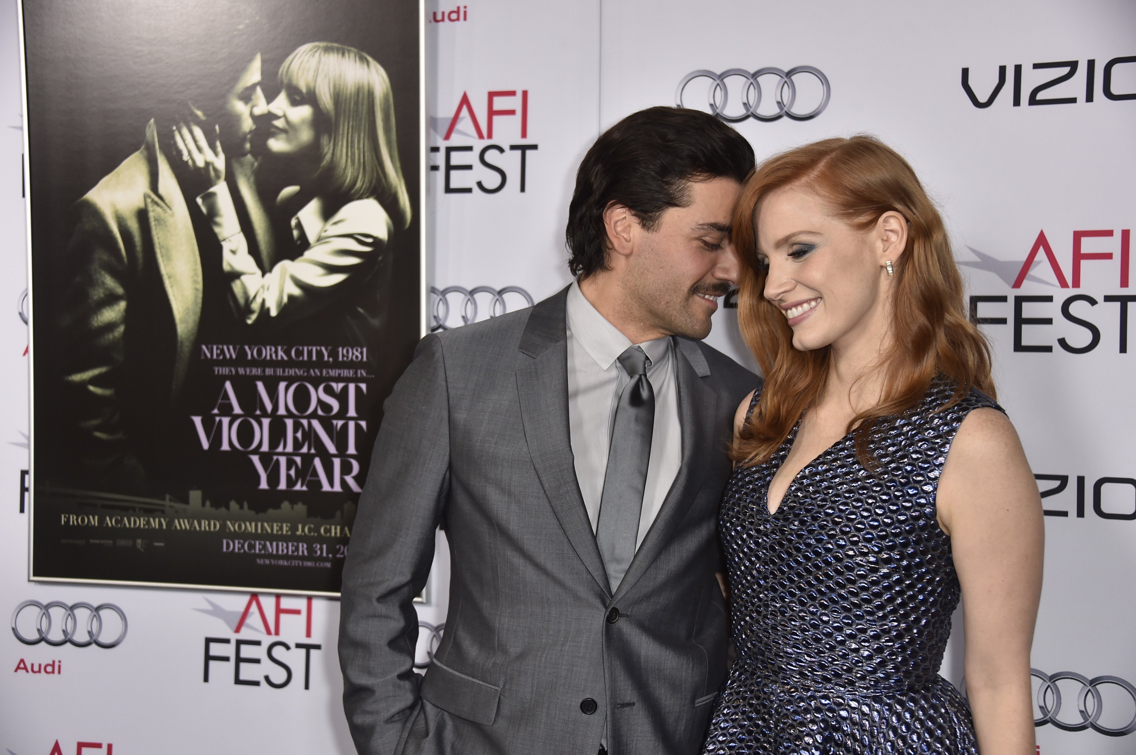 Oscar Isaac (L) and Jessica Chastain attend AFI FEST 2014 presented by Audi opening night gala premiere of A24's "A Most Violent Year" | Source: Getty Images