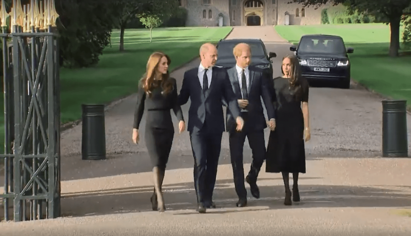 Catherine, Princess of Wales, Prince William, Prince of Wales, Prince Harry, Duke of Sussex, and Meghan, Duchess of Sussex on the long Walk at Windsor Castle on September 10, 2022 in Windsor, England | Source: Twitter.com/scobie