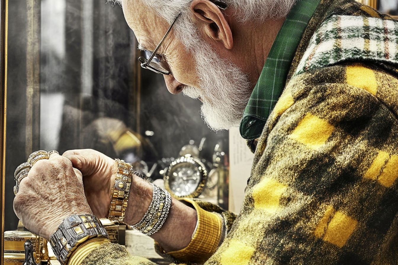 An old man looking at jewelry | Source: Midjourney