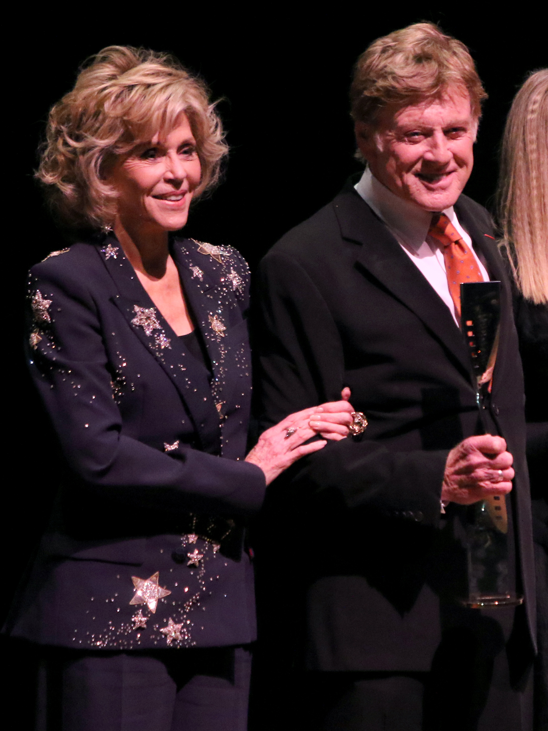 Now in their later years, Jane Fonda and Robert Redford continued to appear at events together. Here, they are photographed speaking onstage at the 42nd Chaplin Award Gala at Alice Tully Hall, Lincoln Center in New York City.