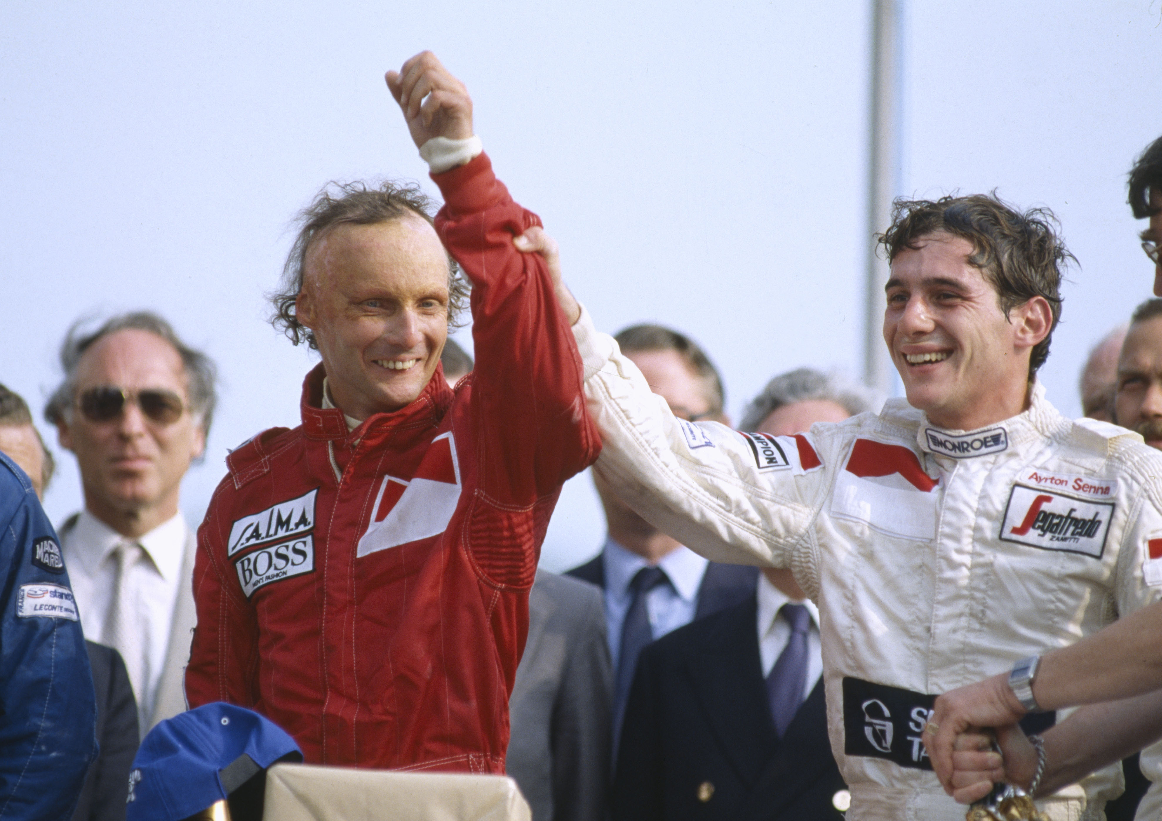 Niki Lauda and Ayrton Senna at the 1984 British Grand Prix at Brands Hatch circuit in Kent, England on 22nd July 1984 | Source: Getty Images