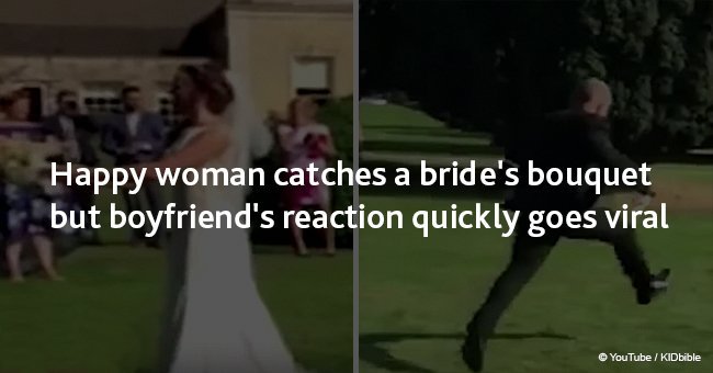 Happy woman catches a bride's bouquet but boyfriend's reaction quickly goes viral