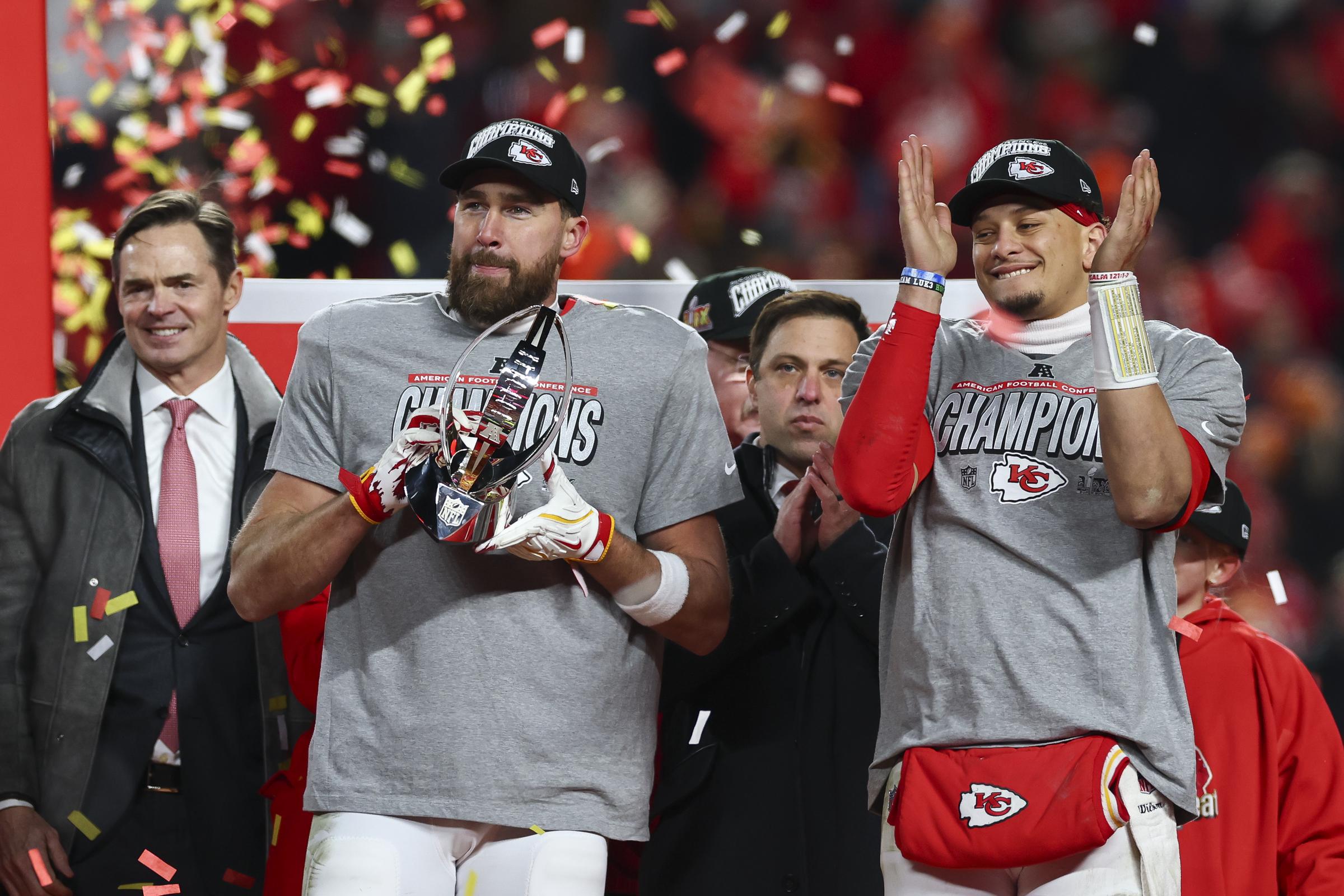 Patrick Mahomes and Travis Kelce celebrate on the podium following the AFC Championship Game against the Buffalo Bills in Kansas City, Missouri on January 26, 2025. | Source: Getty Images