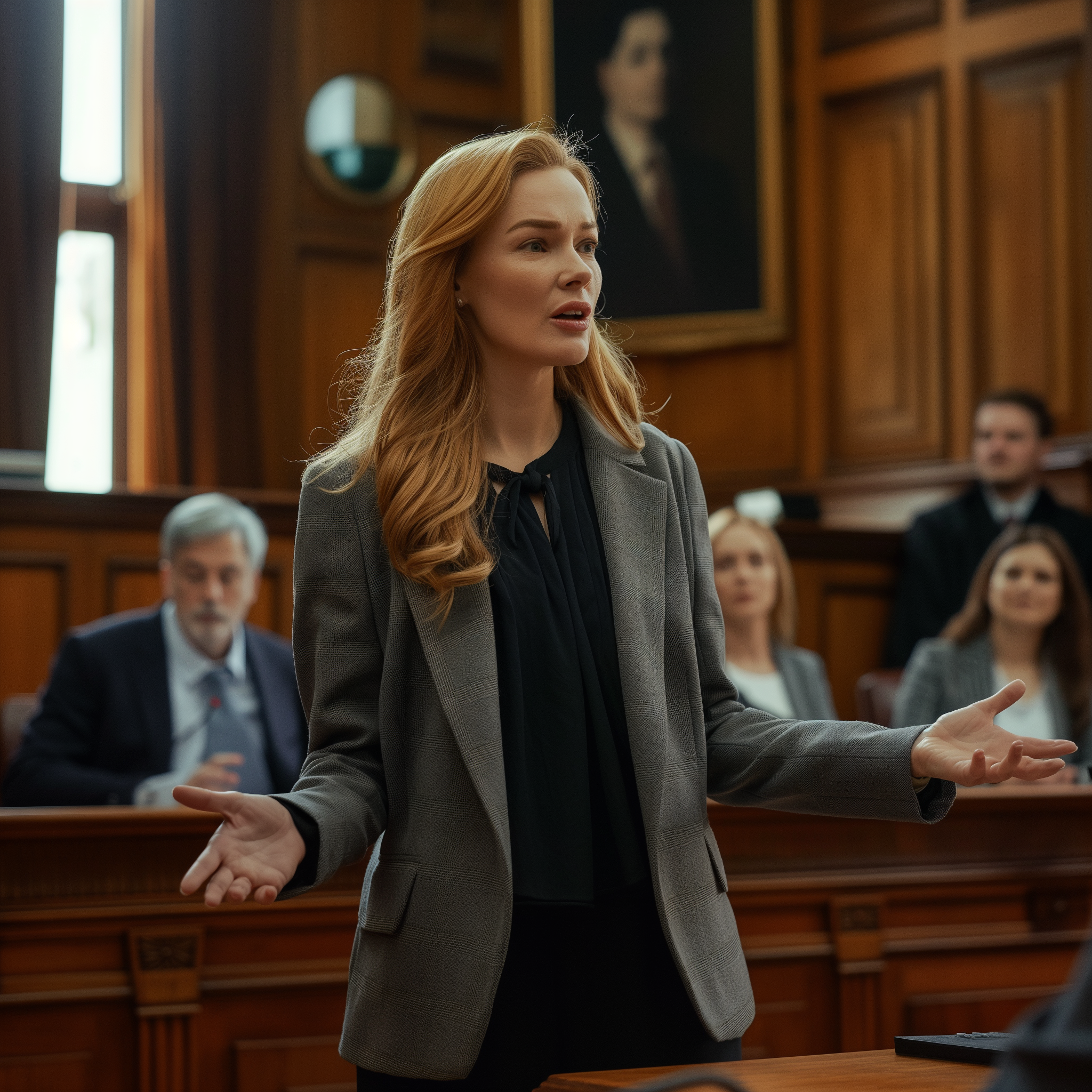 A female lawyer in a courtroom during a case hearing | Source: Midjourney