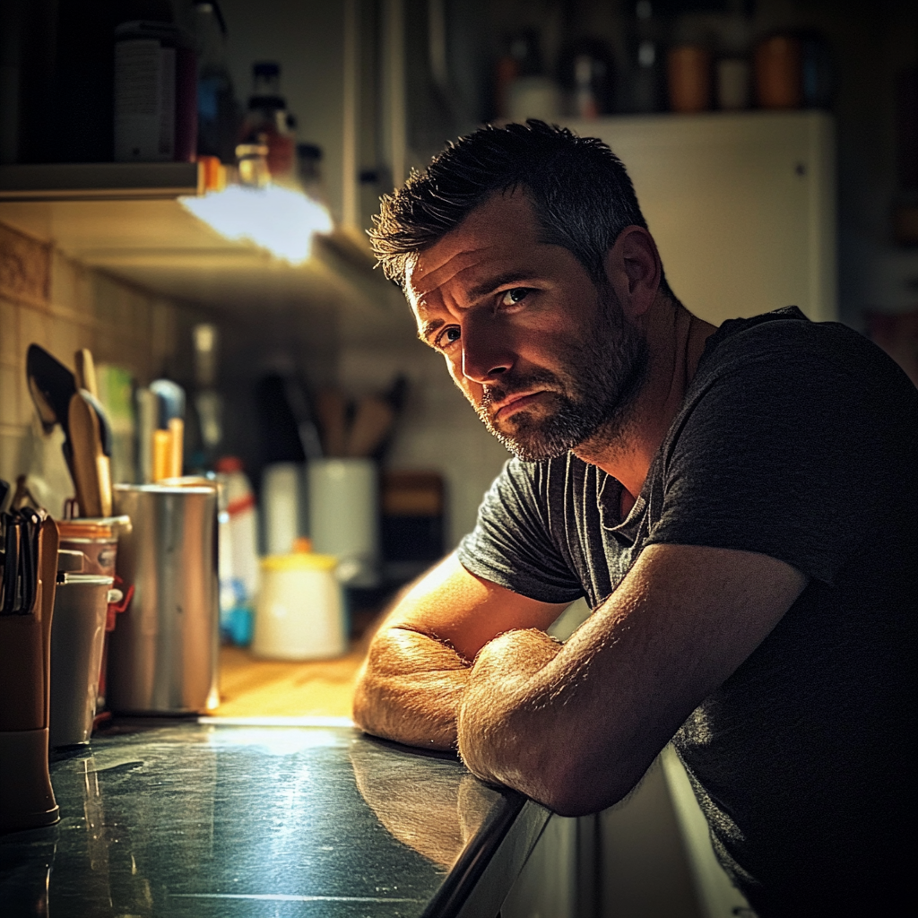 A man leaning against a counter | Source: Midjourney