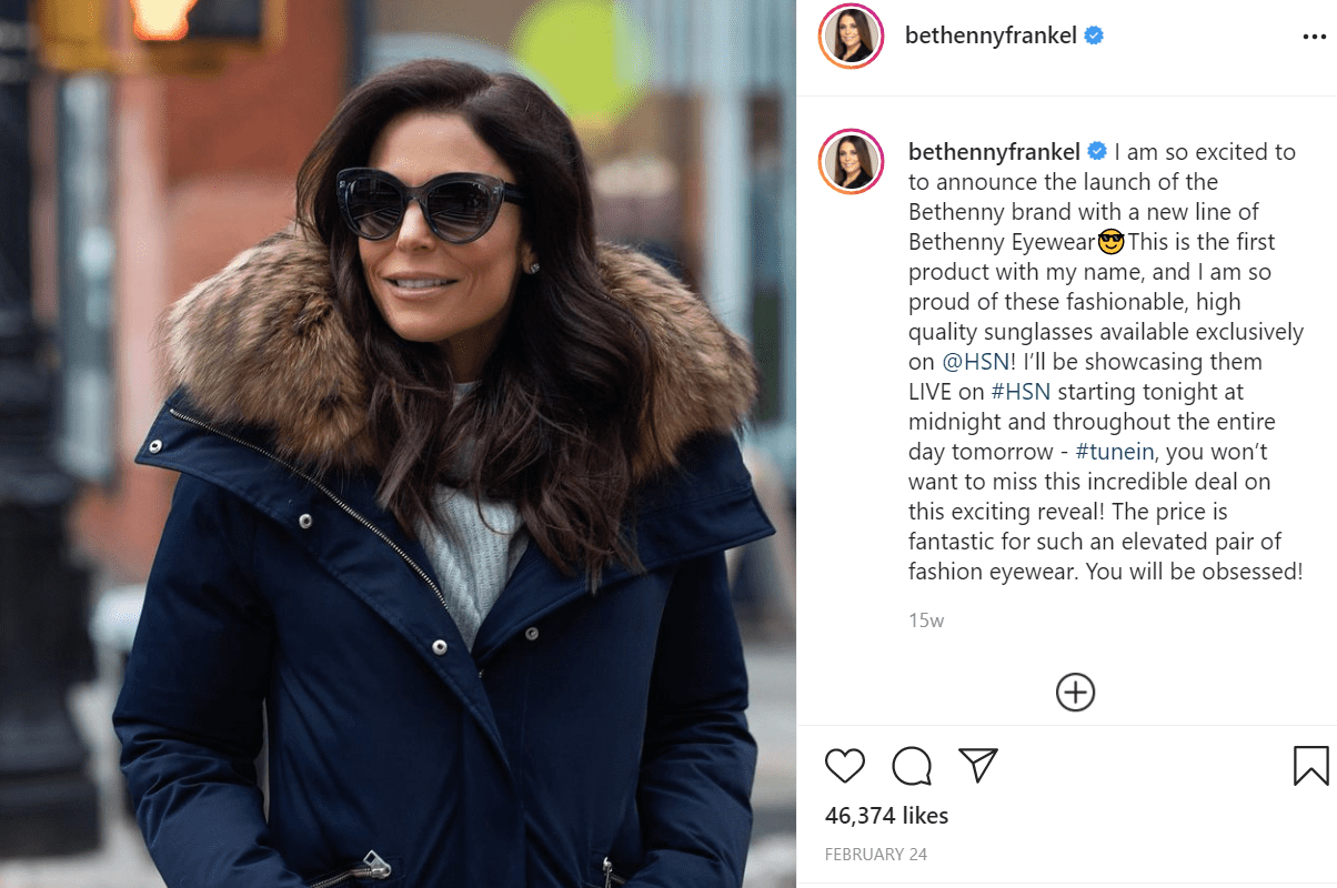 Pictured - "The Real Housewives" alum Bethenny Frankel wearing a warm winter look while rocking shades | Source: Instagram/@bethennyfrankel 