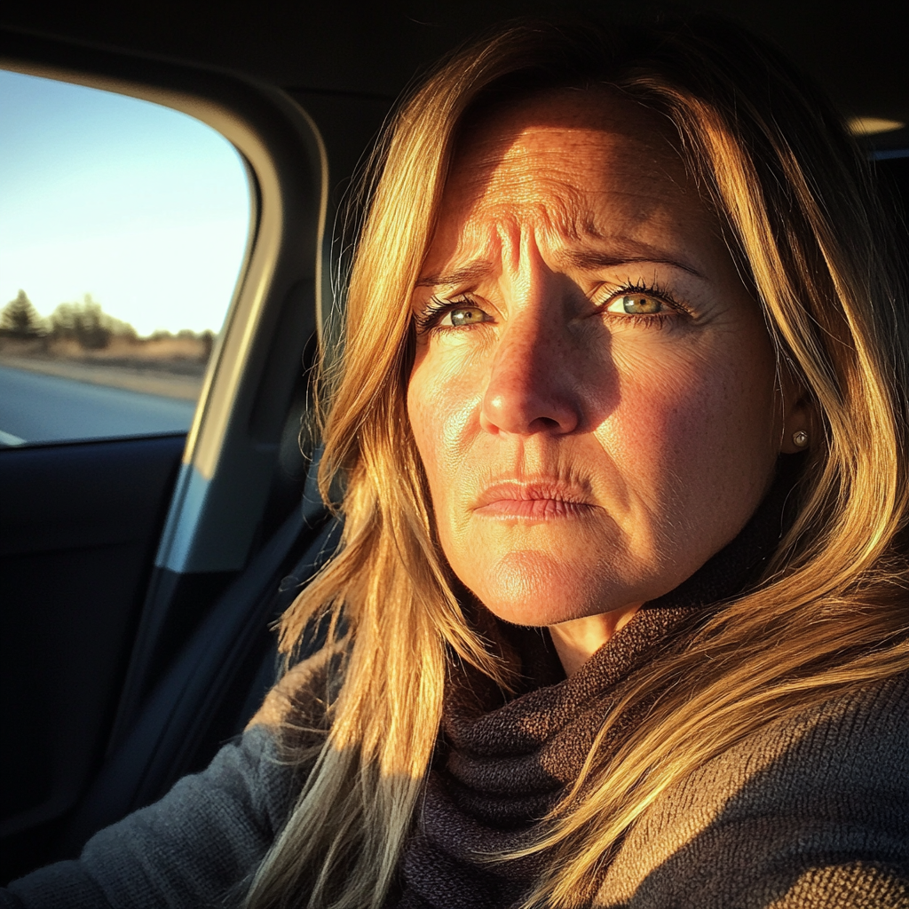 An upset woman sitting in her car | Source: Midjourney