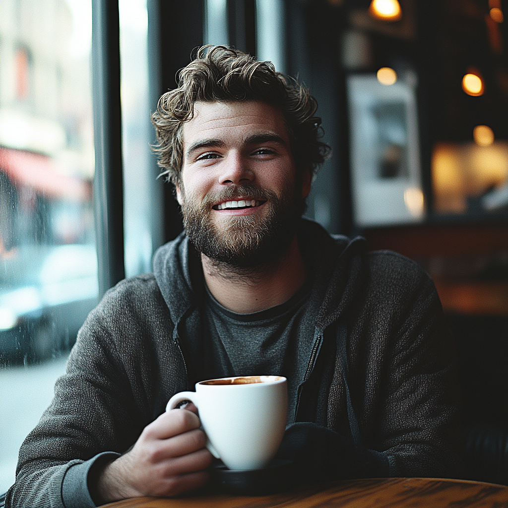 A man laughs while holding his coffee | Source: Midjourney