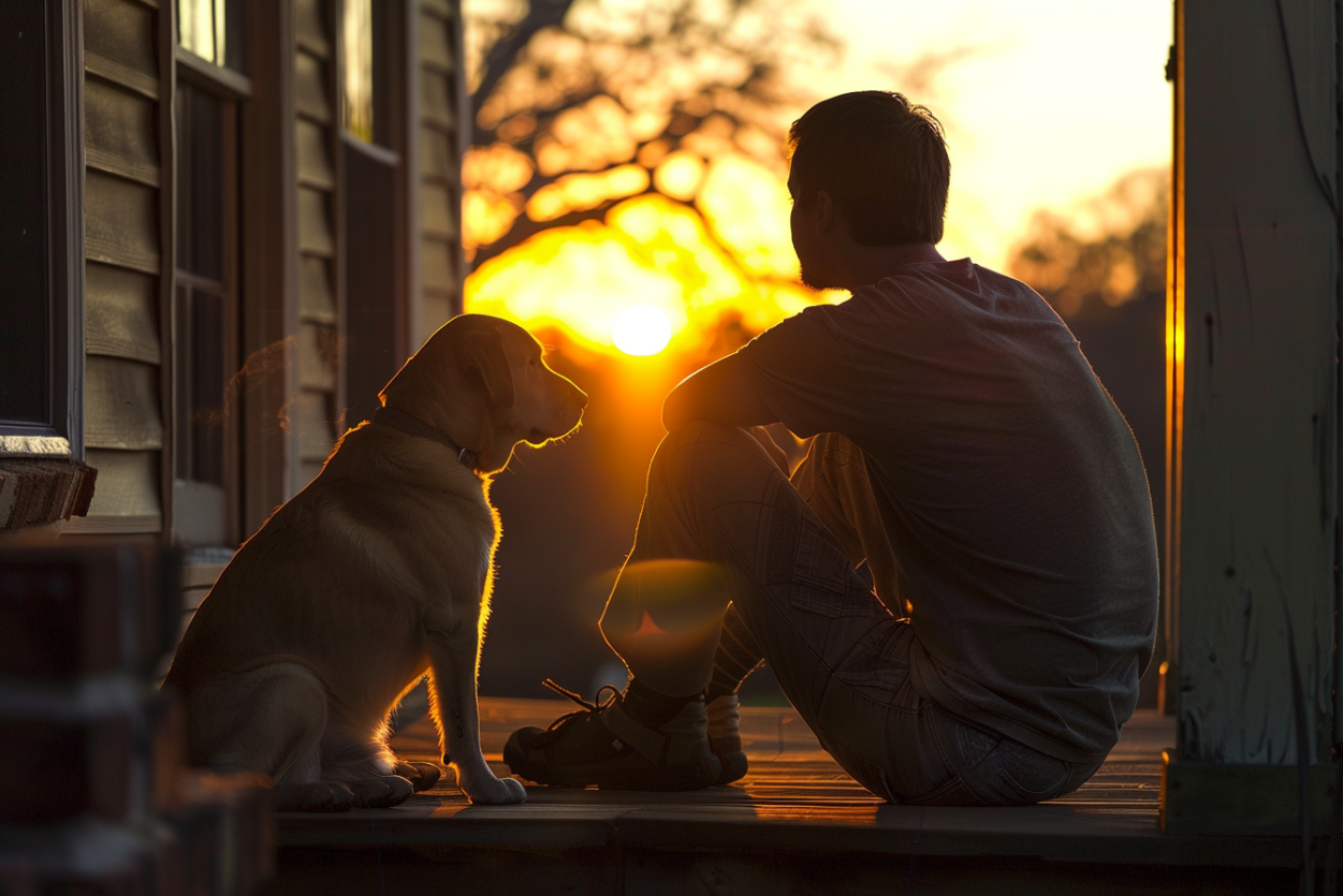 A man sitting on a porch with his dog | Source: Midjourney