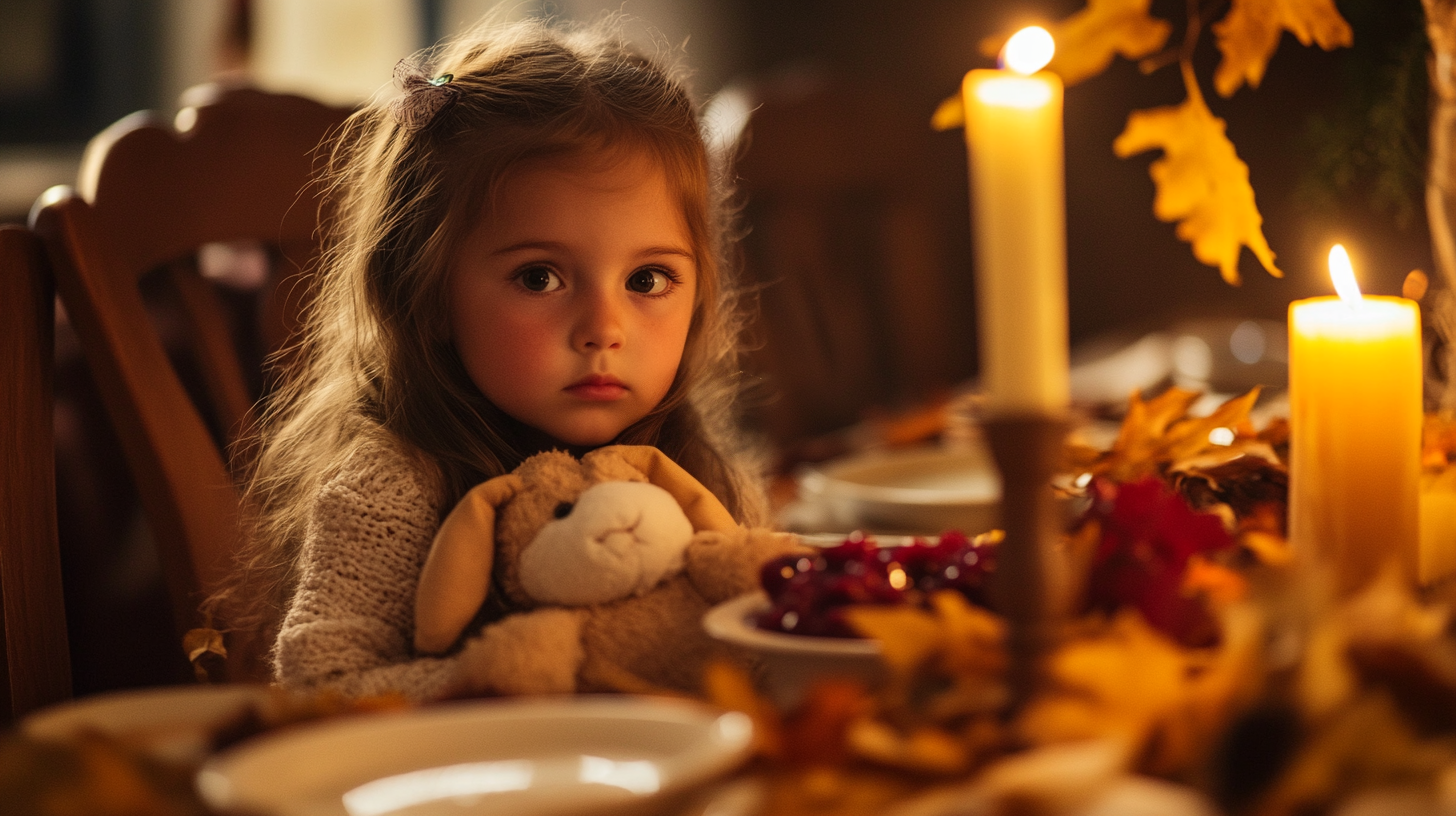 Little girl sitting quietly at the Thanksgiving dinner table | Source: Midjourney