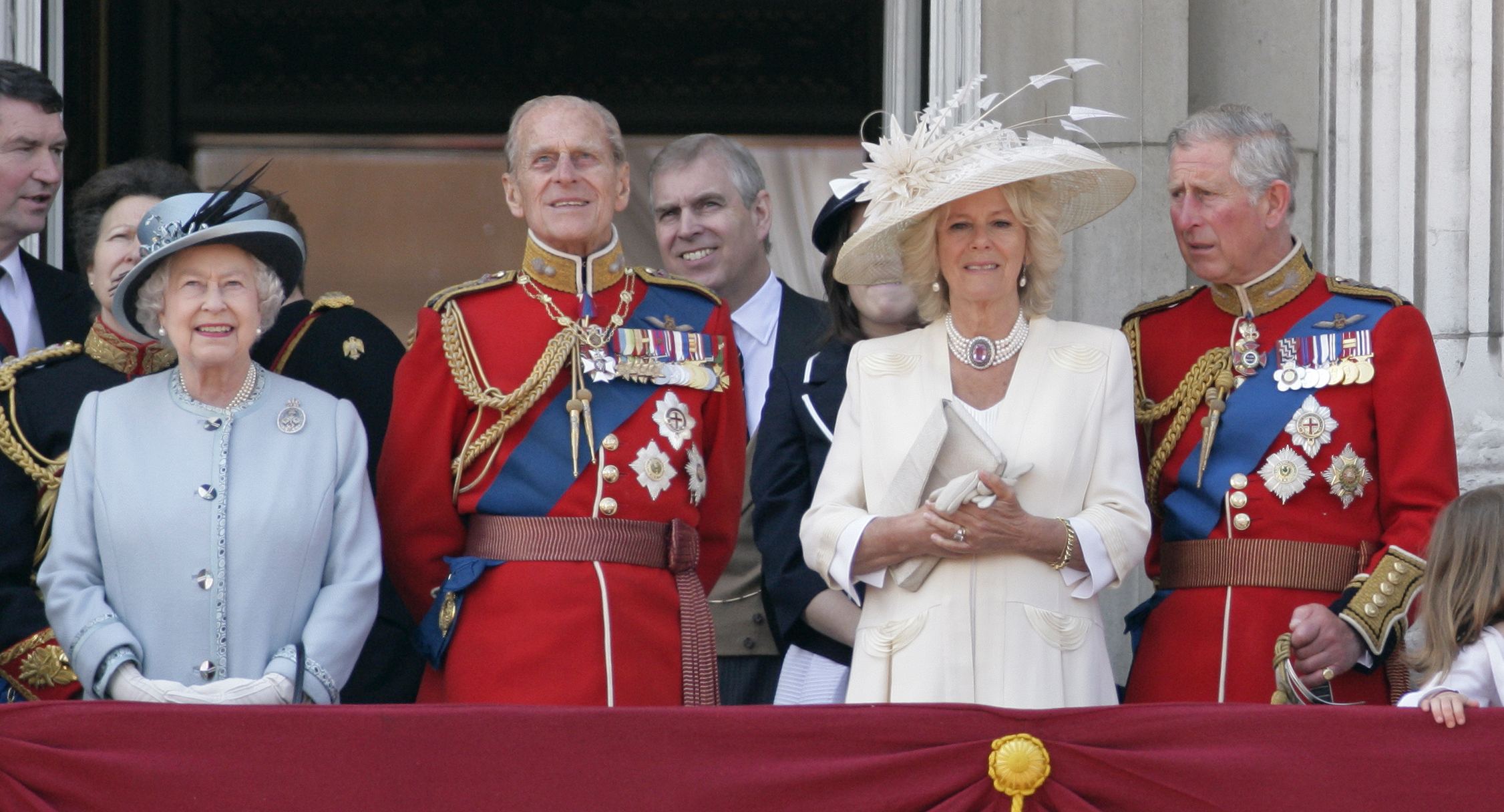 Queen Elizabeth II, Prince Philip, Duke of Edinburgh, Queen Camilla (then Duchess of Cornwall), and King Charles III (then Prince of Wales) stand on the balcony of Buckingham Palace after the Trooping the Colour Parade on June 11, 2011, in London, England. | Source: Getty Images