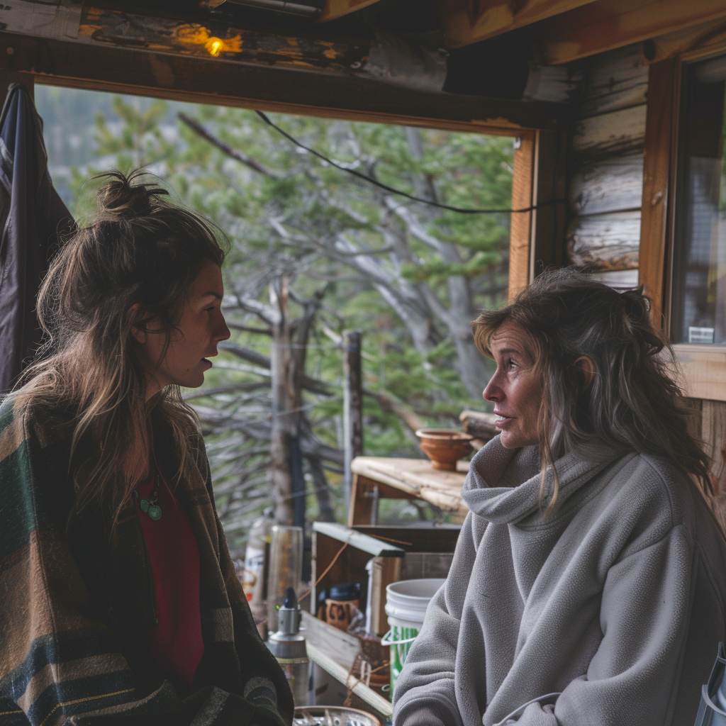 Daina and Phoebe talking outside the cabin | Source: Midjourney