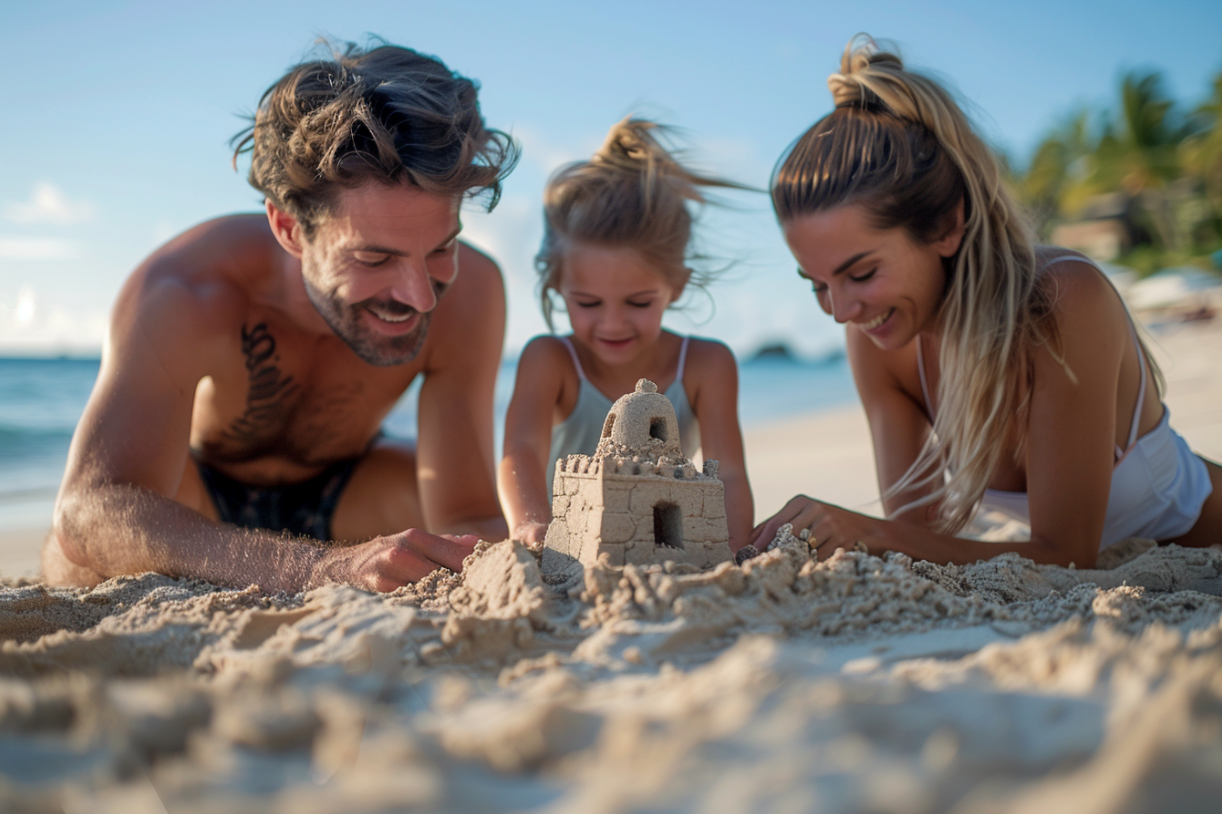 A small family building a sandcastle | Source: Midjourney