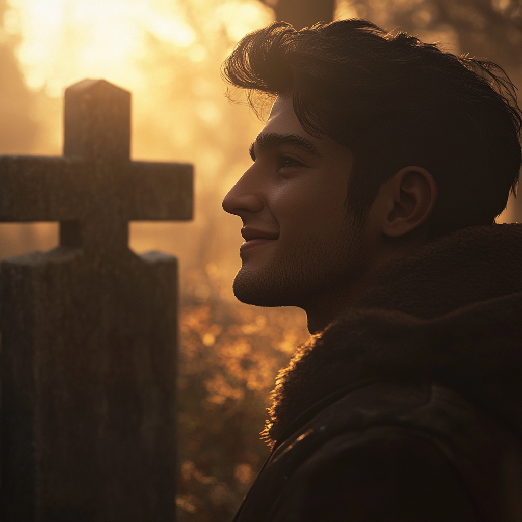 A young man smiling in a cemetery | Source: Midjourney