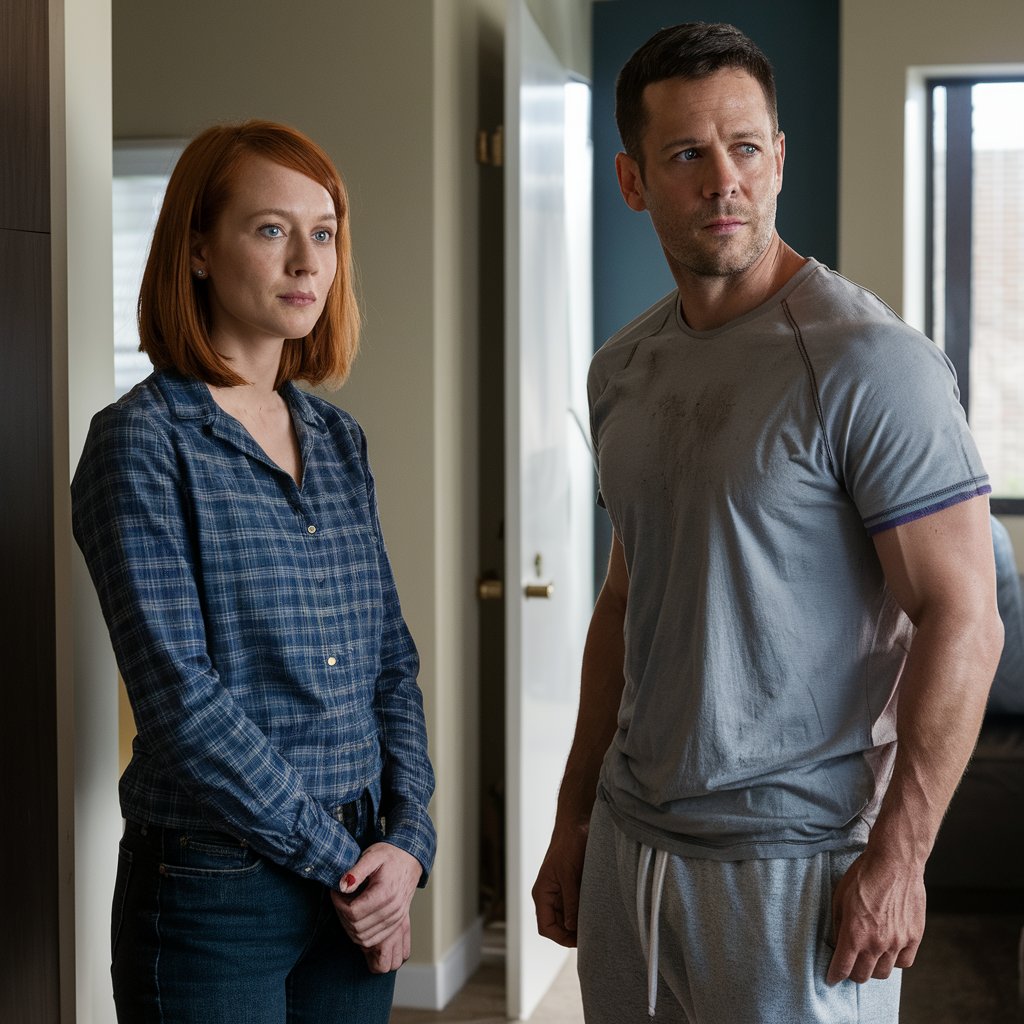 A man and woman standing together tensely in an apartment hallway | Source: Midjourney