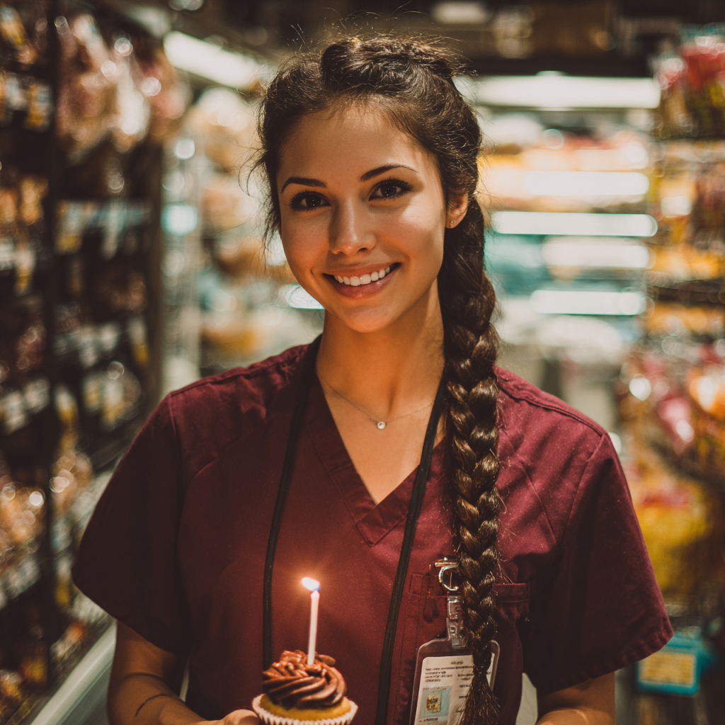 A smiling woman holding a cupcake | Source: Midjourney