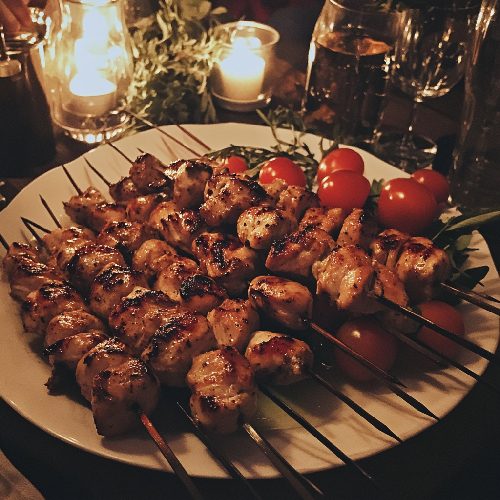 A platter of chicken skewers | Source: Midjourney