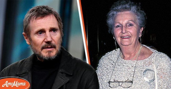Liam Neeson visits Build Series to discuss the movie "The Commuter" at Build Studio on January 8, 2018 in New York City [left]. A picture of Liam Neeson's mother, Katherine [right] | Photo: Getty Images  