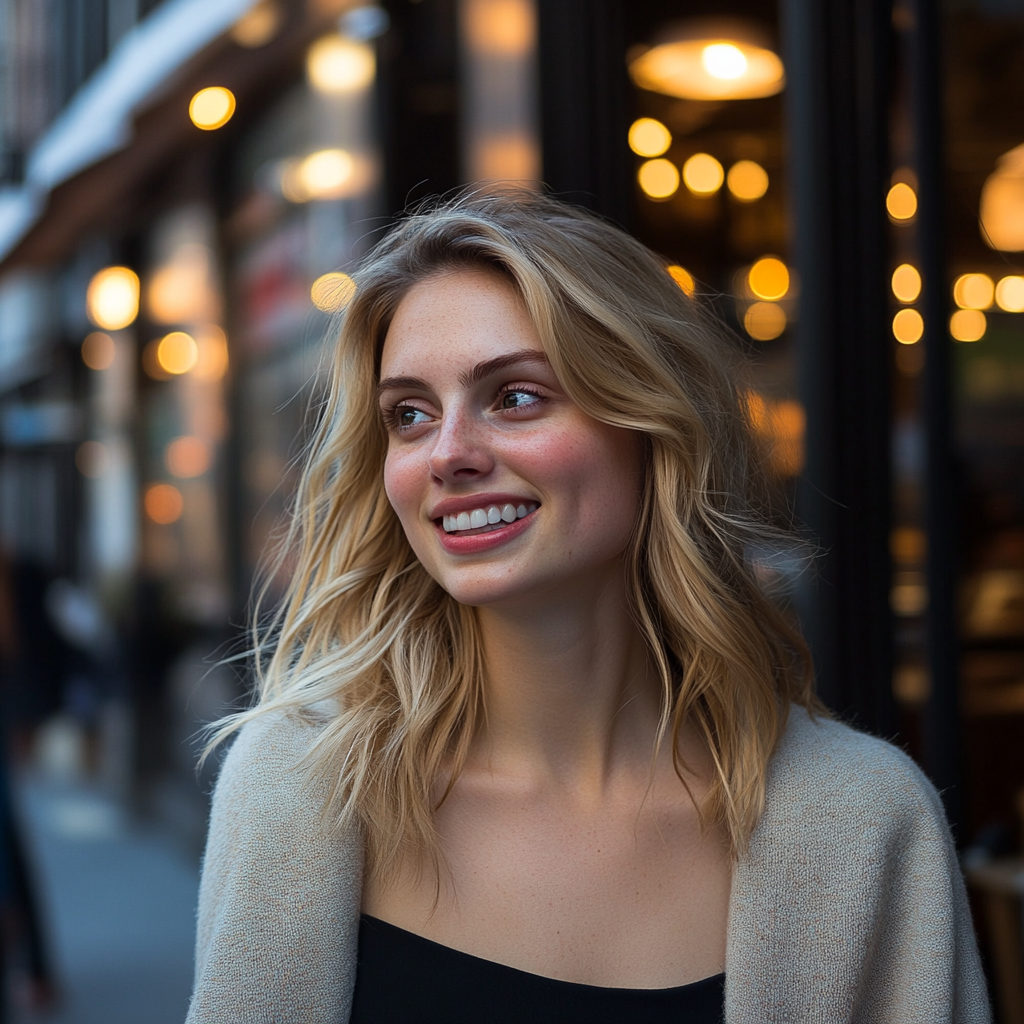 A woman smiles forcefully while standing outside a restaurant | Source: Midjourney