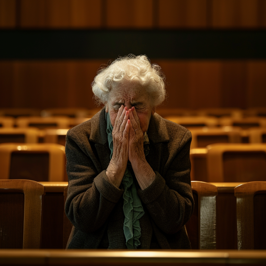 An elderly woman crying in an empty courtroom | Source: Midjourney