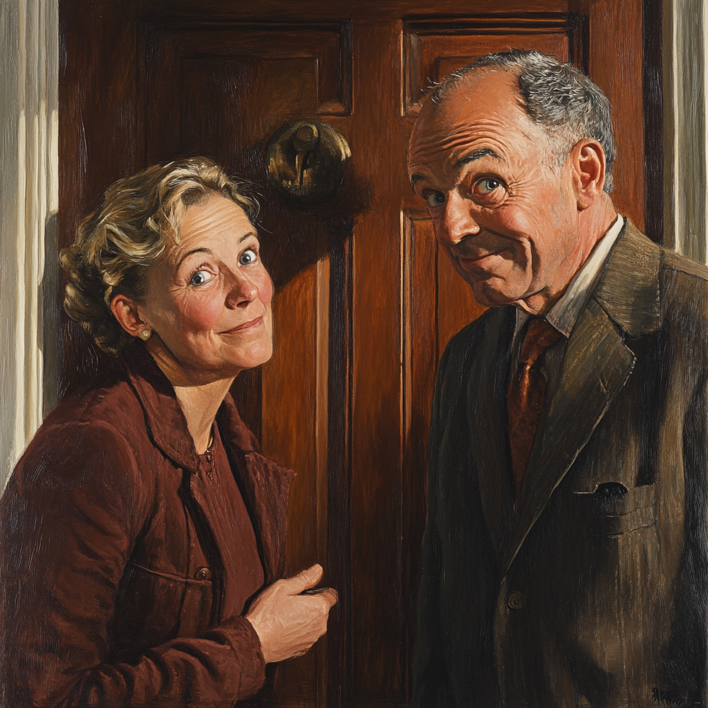 A man and woman smiling proudly outside a closed door | Source: Midjourney