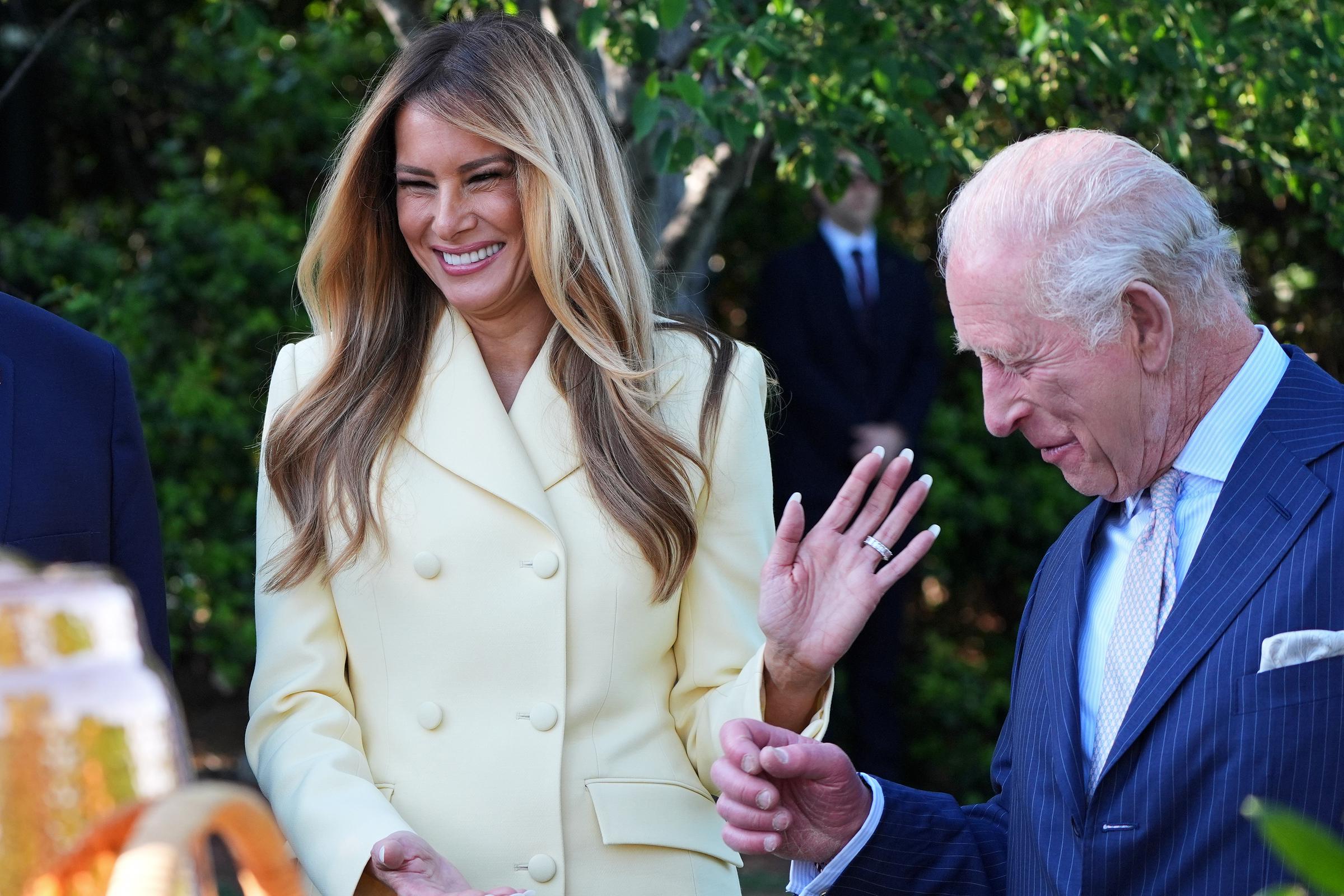 Melania Trump and King Charles III share a light moment during the state visit at the White House on April 27, 2026 | Source: Getty Images