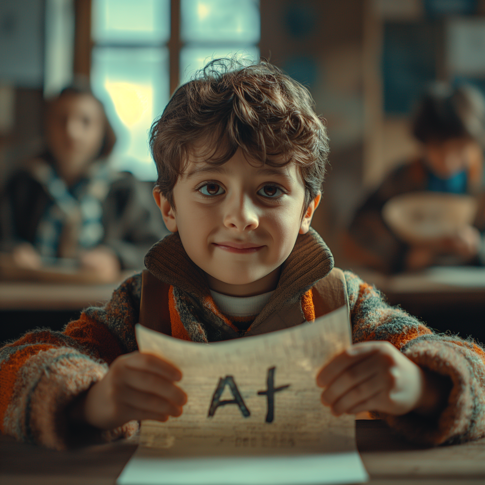 A child holding a sheet of paper with an A+ | Source: Midjourney