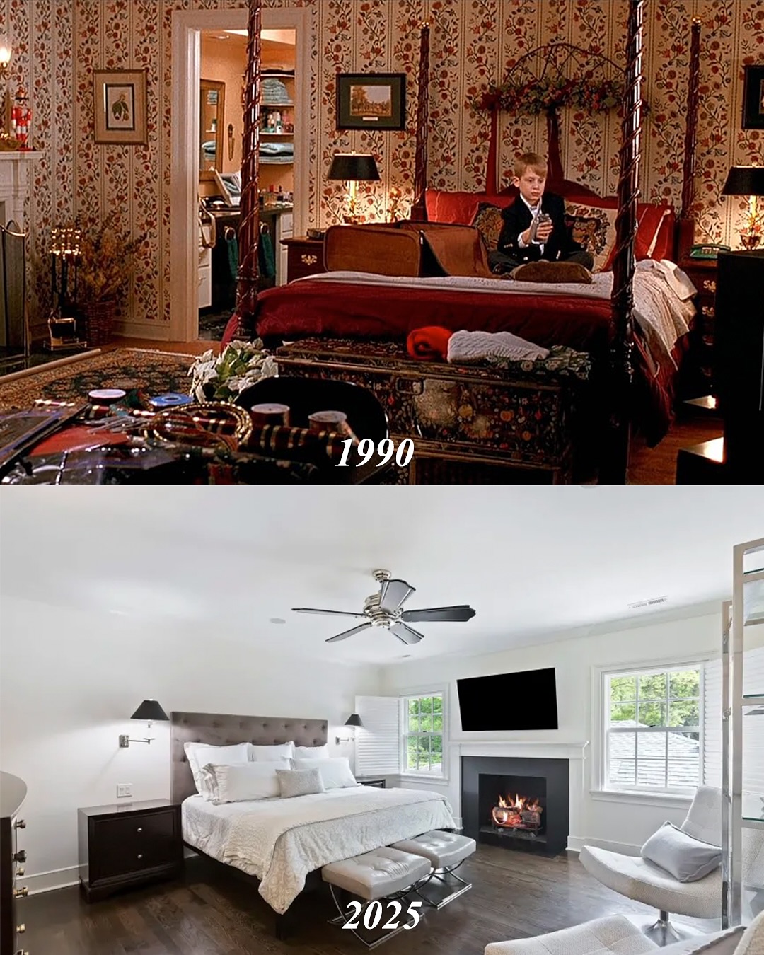 From movie set to modern sanctuary — the iconic master bedroom where Kevin McCallister once plotted his escape has shed its bold wallpaper and classic four-poster bed for a sleek, sunlit space with luxe, minimalist touches. | Source: Instagram/kjp