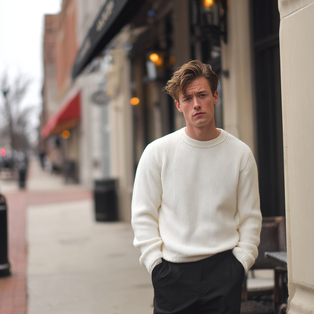 A frowning man standing on a sidewalk | Source: Midjourney