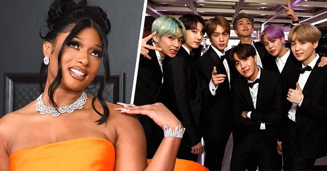 Megan Thee Stallion and BTS at the 63rd and 61st Annual Grammy Awards, 2021 & 2019 | Source: Getty Images