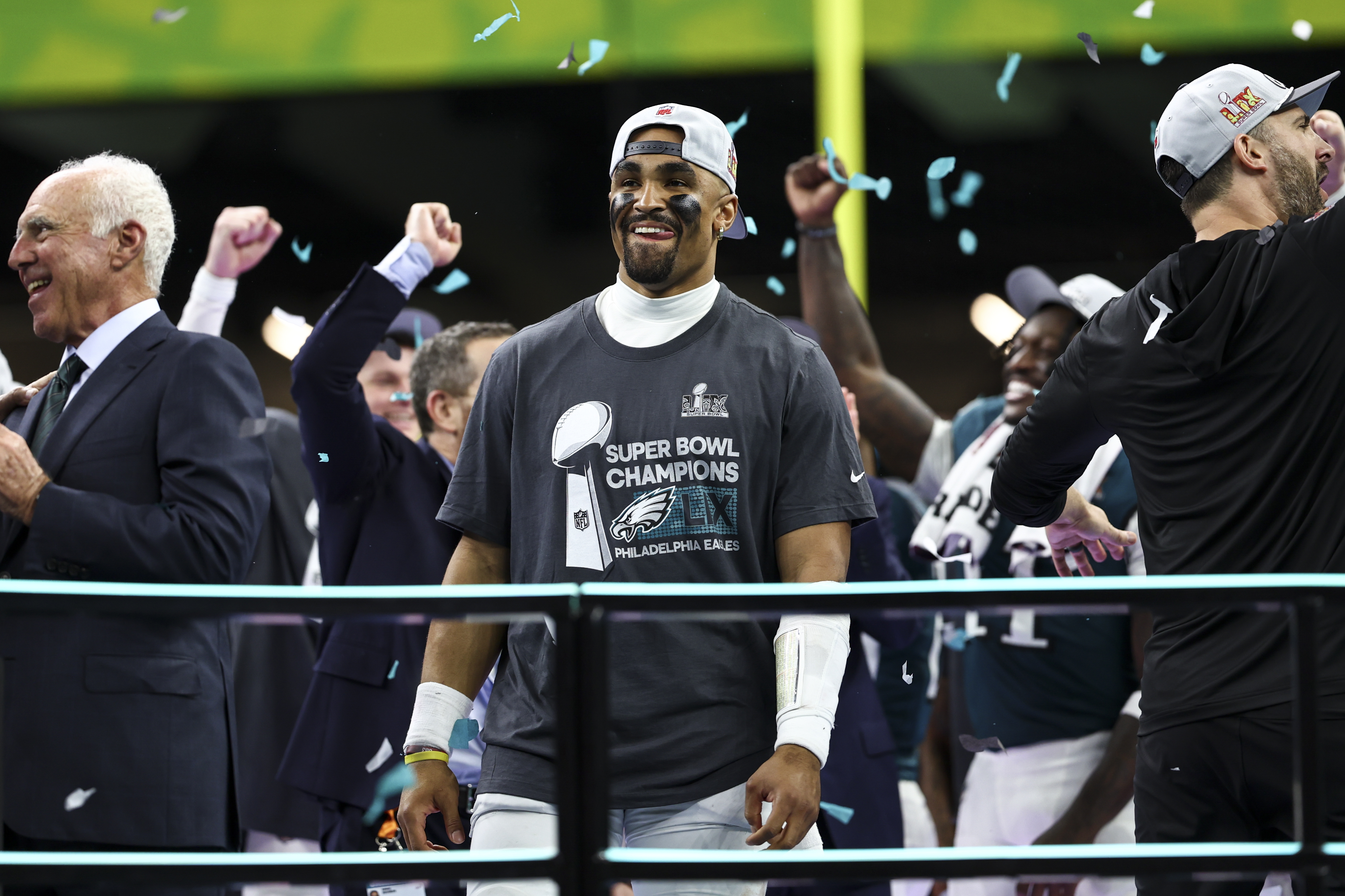 Jalen Hurts of the Philadelphia Eagles celebrates after defeating the Kansas City Chiefs 40-22 during Super Bowl LIX. | Source: Getty Images