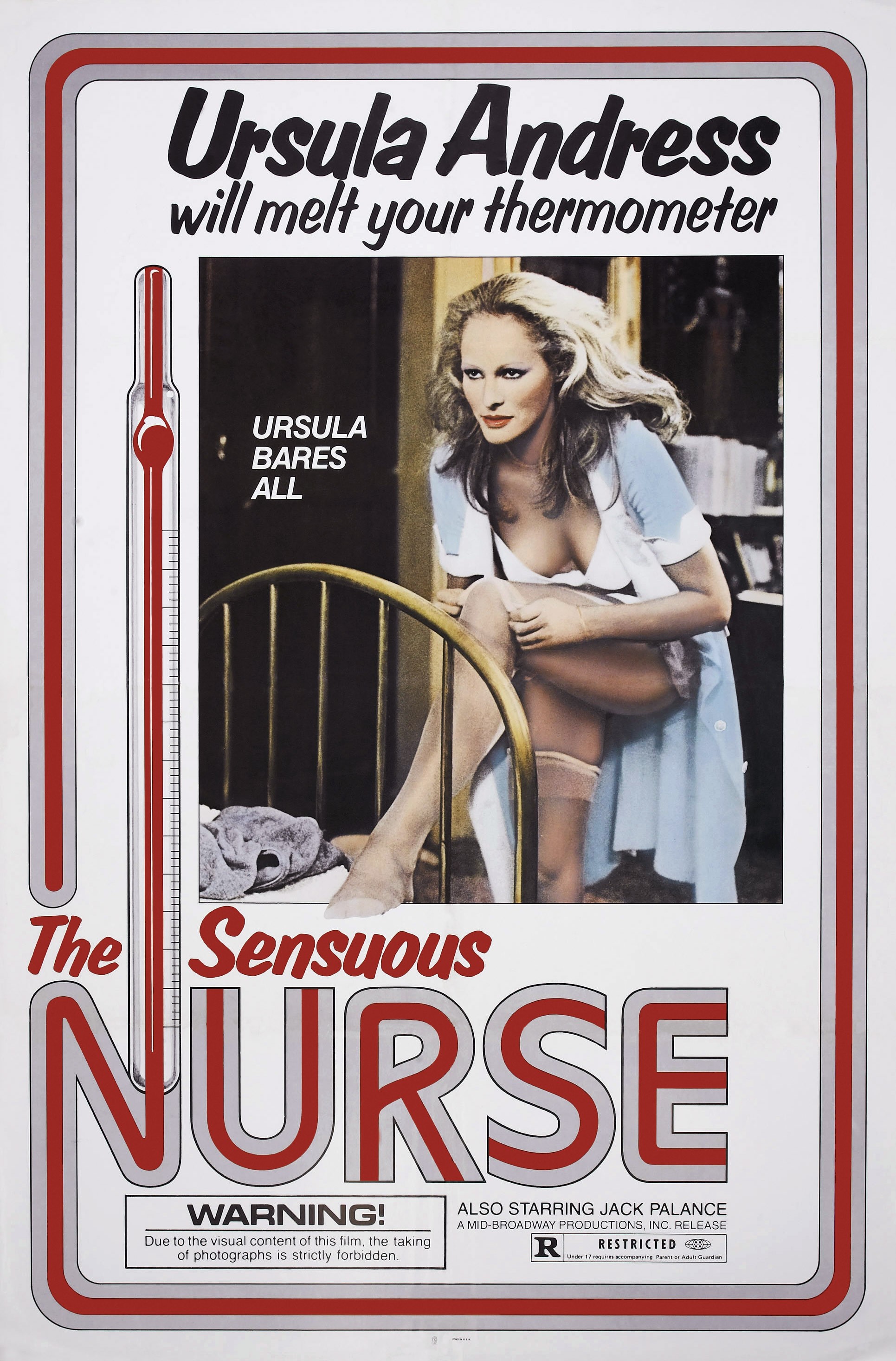 "The Sensuous Nurse," poster art of Ursula Andress, in 1975. | Source: Getty Images