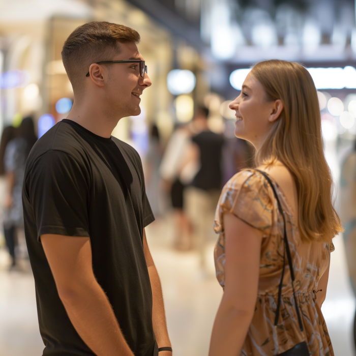 A restaurant server guy talks to a woman in a shopping mall | Source: Midjourney