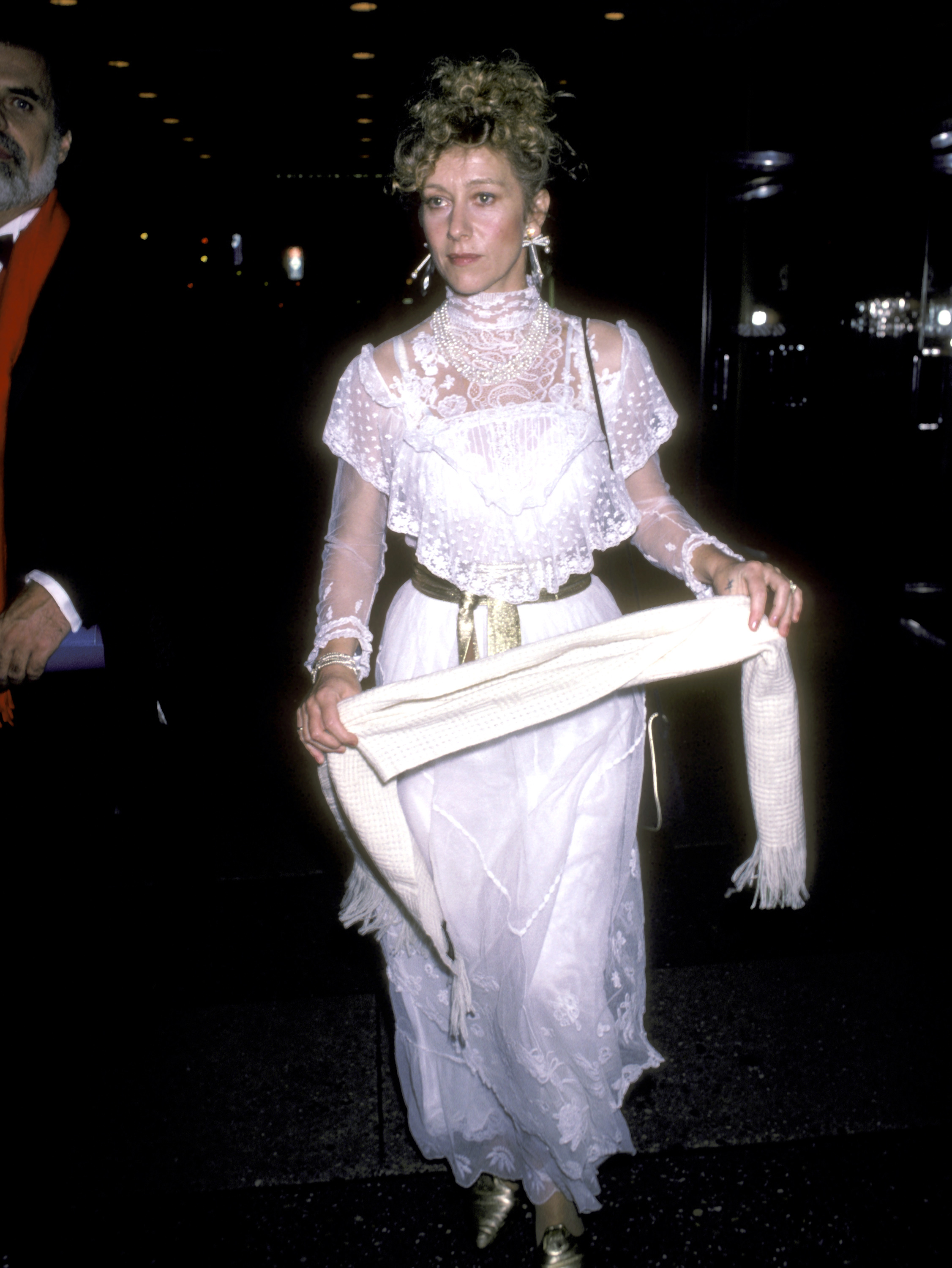 Mirren at the Coronet Theatre in New York City for the "White Nights" premiere on 13 November 1985. A vision in lace and pearls, the actress traded noir drama for ethereal elegance, gliding into the spotlight with the kind of poise that made photographers scramble to capture her glow.